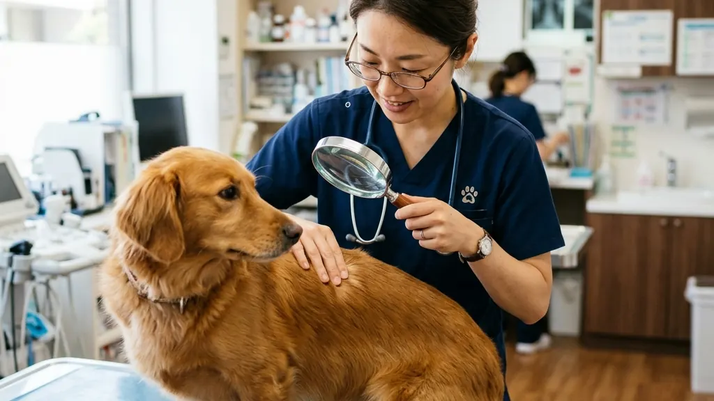 動物病院で皮膚検査を受ける犬と獣医師（実写風）