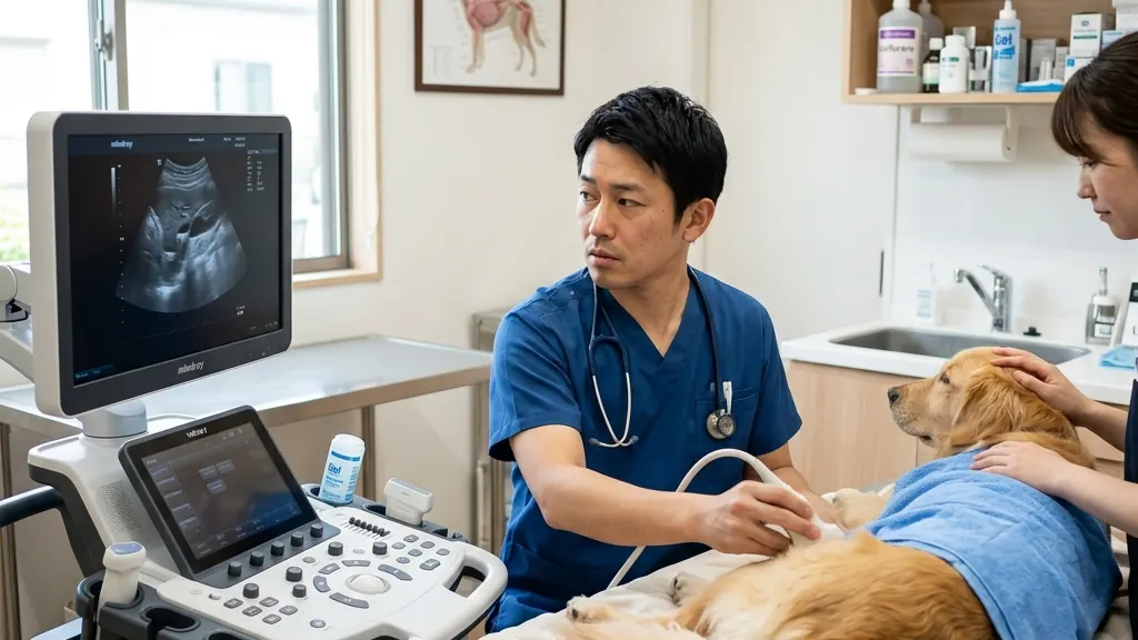 動物病院でレントゲン撮影を受ける犬（実写風）