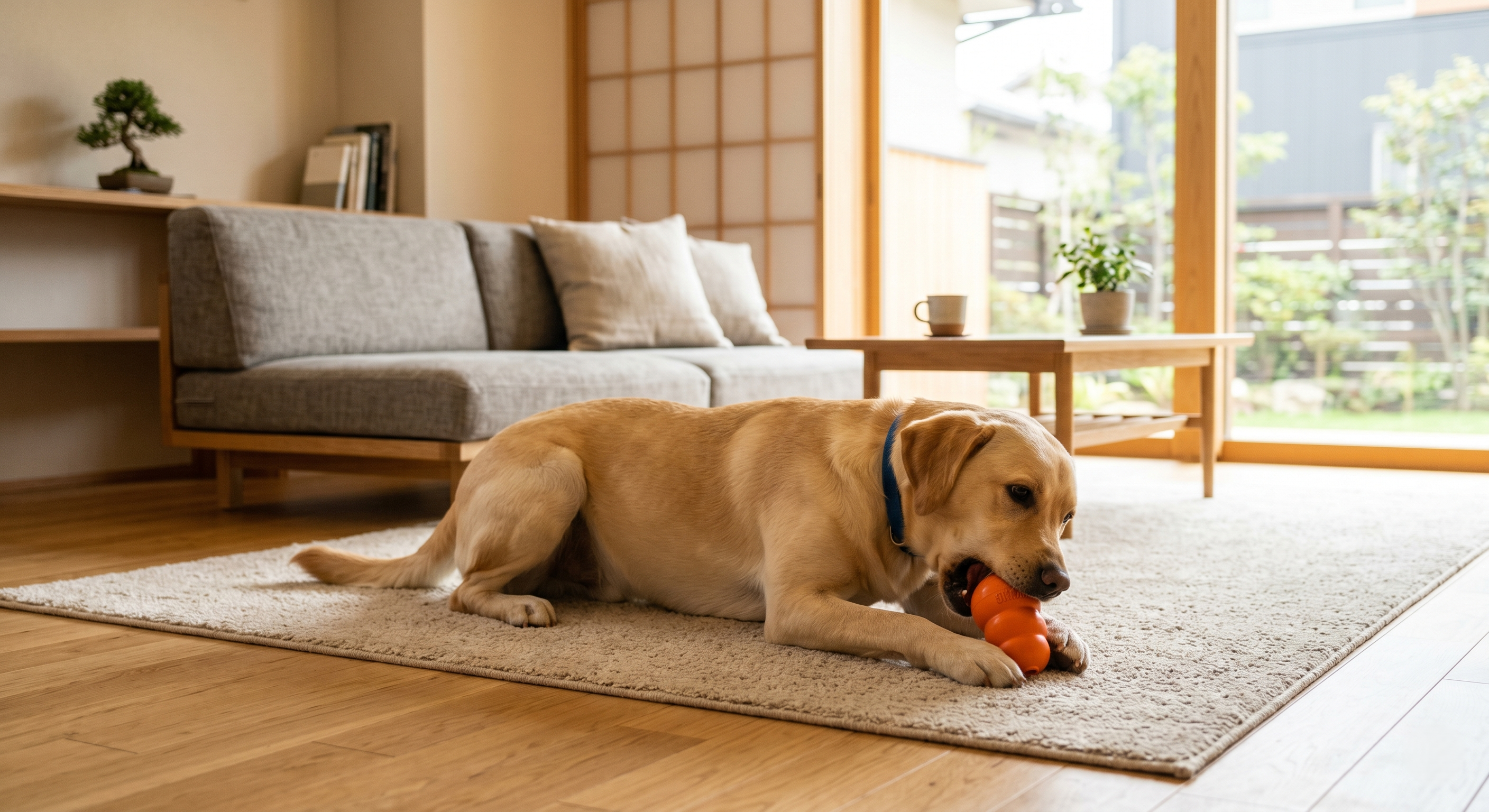手術後に回復中の犬を優しく見守る飼い主（実写風）