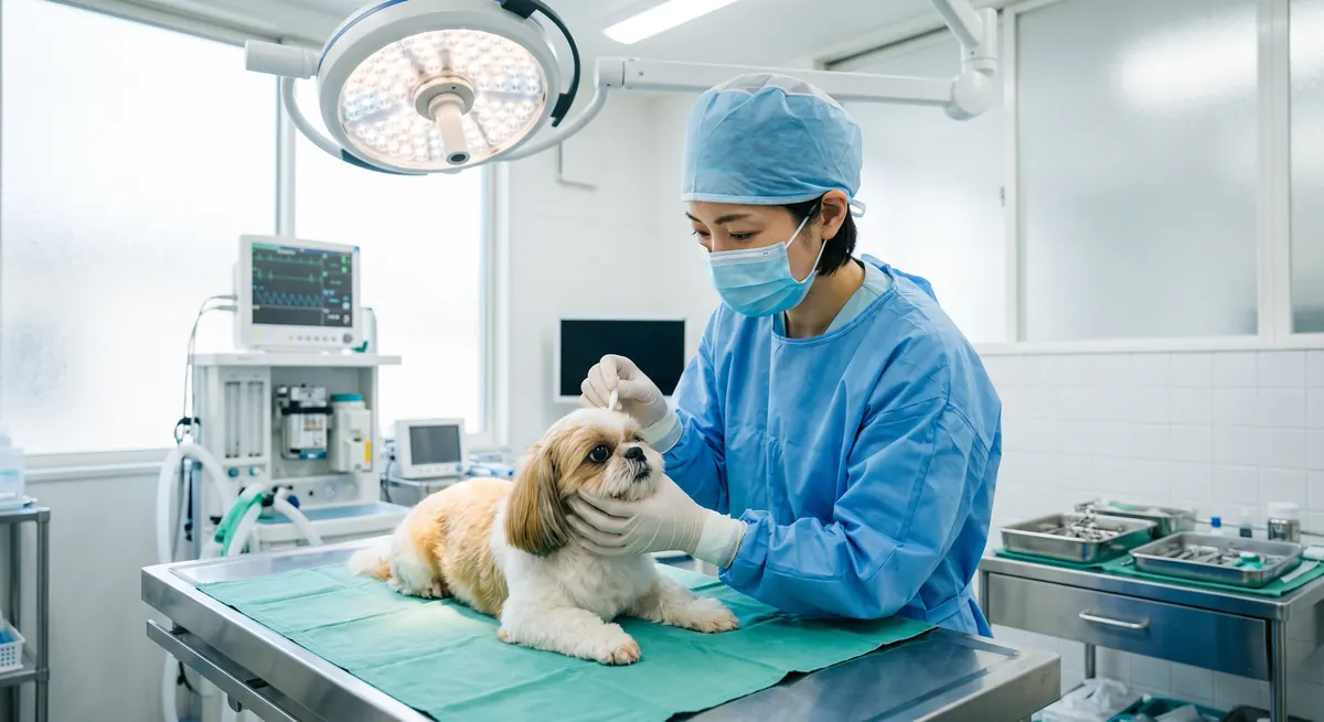 動物病院で目の検査を受ける犬と獣医師（実写風）