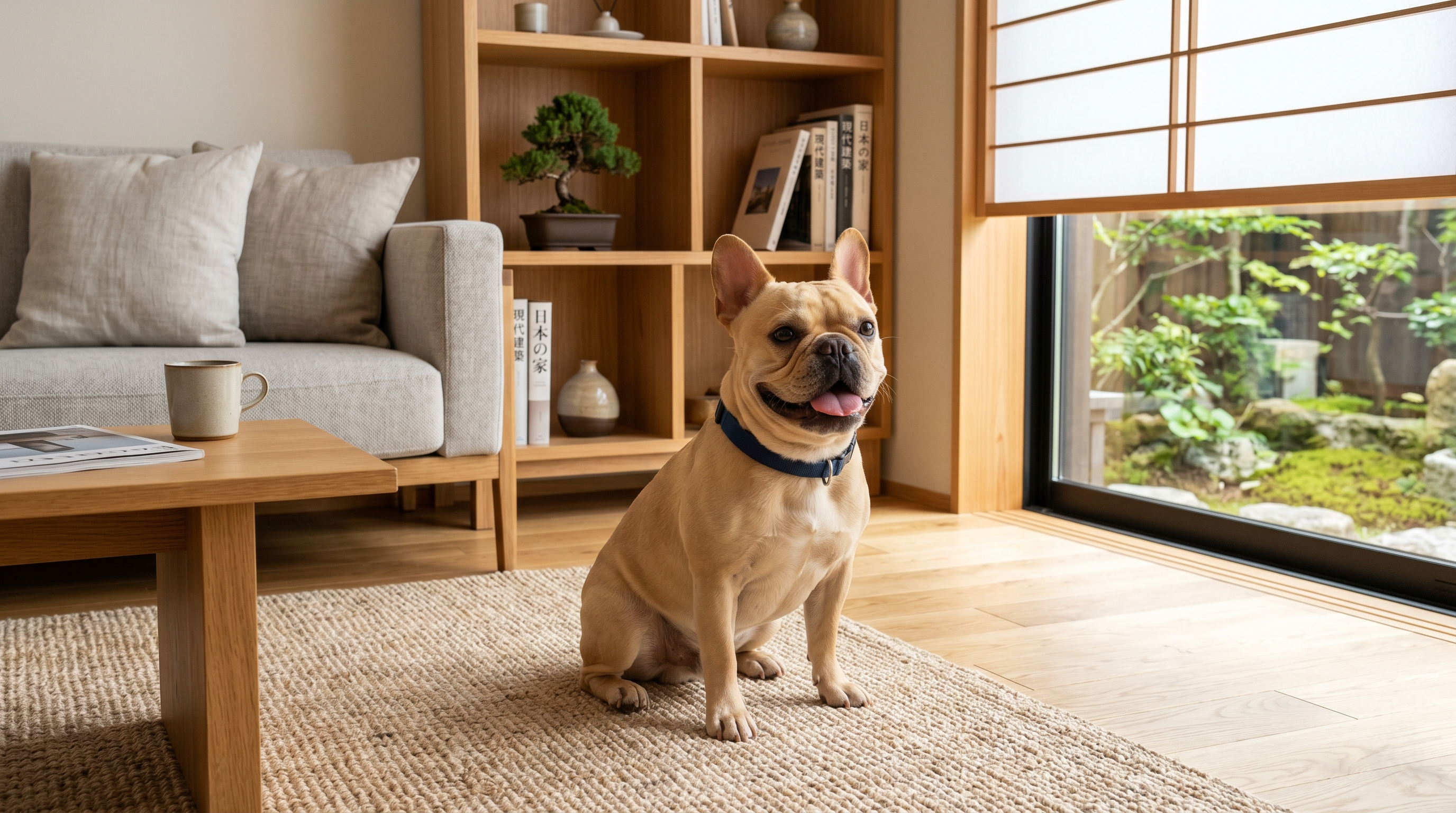目の手術後にエリザベスカラーをつけた犬（実写風）