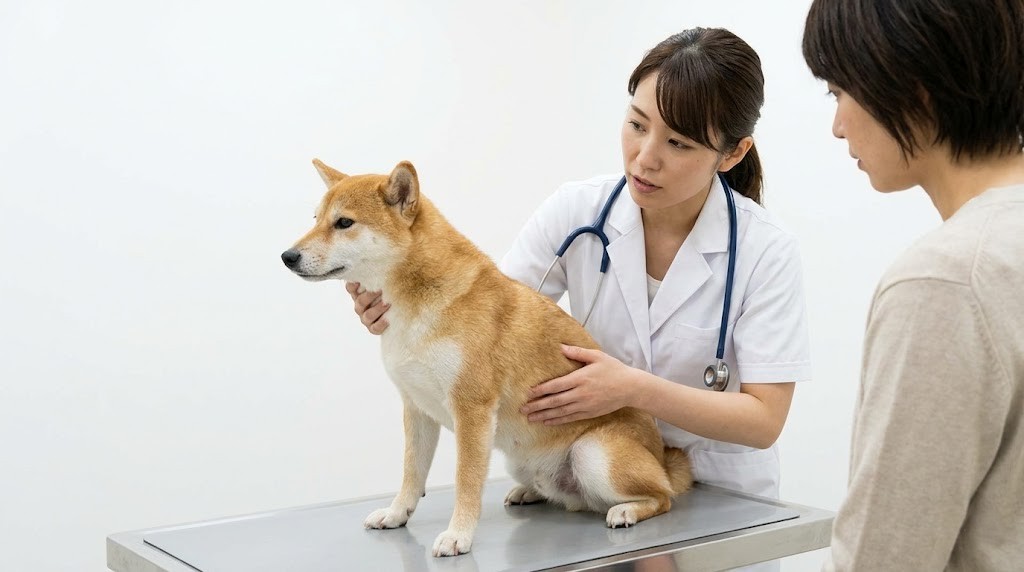 動物病院で乳腺の触診を受けている犬と獣医師（実写風）