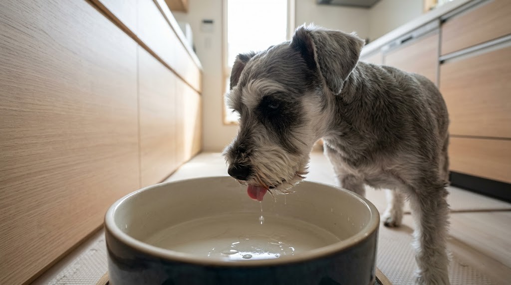 大きなウォーターボウルの水を勢いよく飲む犬（実写風）