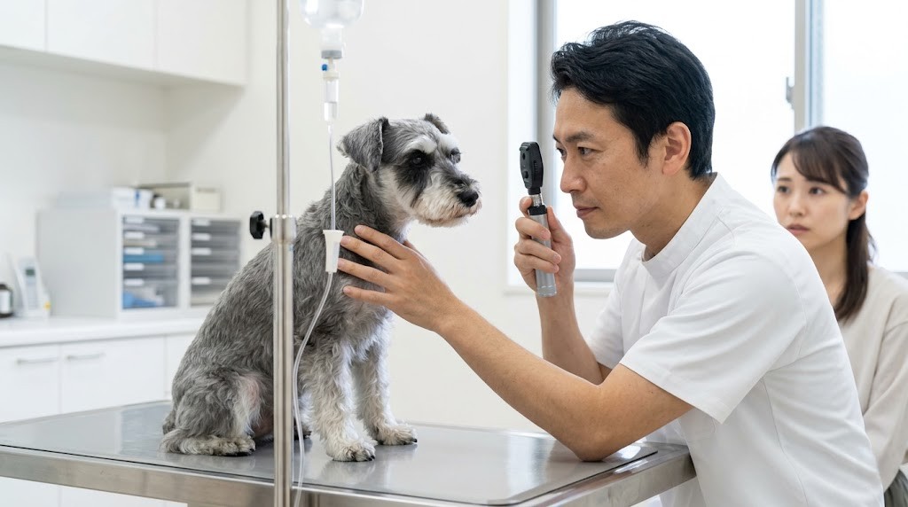 動物病院で点眼薬を投与される犬（実写風）