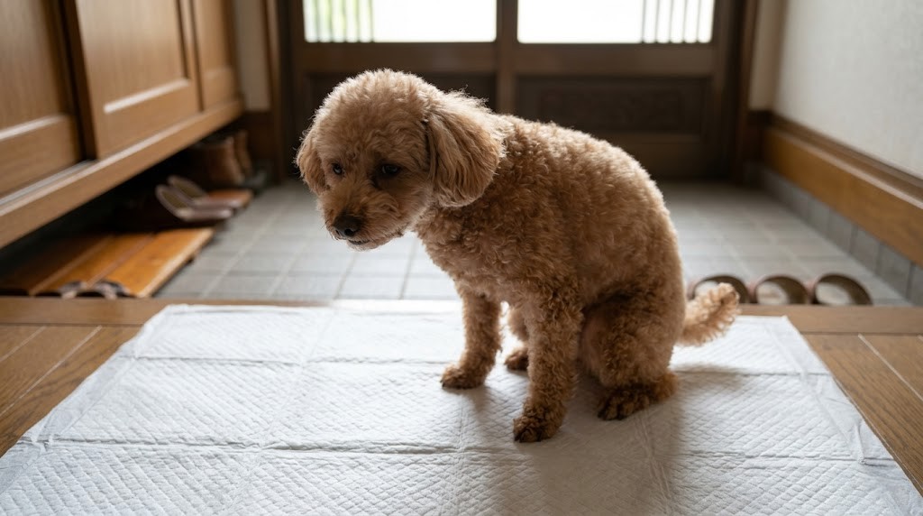 トイレで排尿しようとして力んでいる犬の様子（実写風）