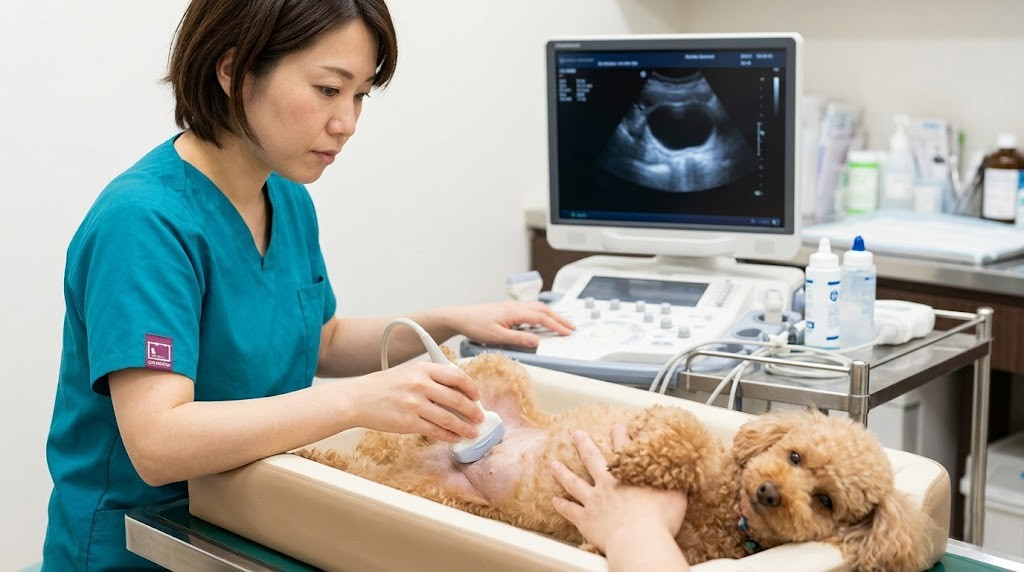 犬の尿道・膀胱・腎臓の解剖図を示すイメージ（実写風）