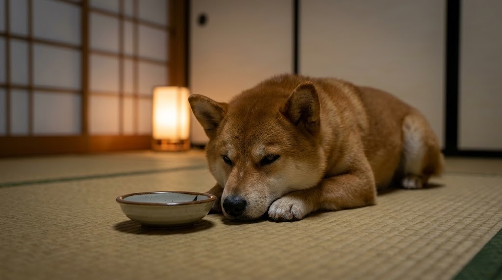 ぐったりして伏せている犬と心配そうに見る飼い主（実写風）