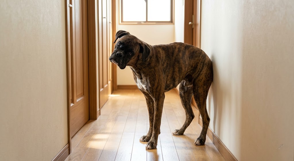 頭を傾けてぐったりしている犬を診察する獣医師（実写風）