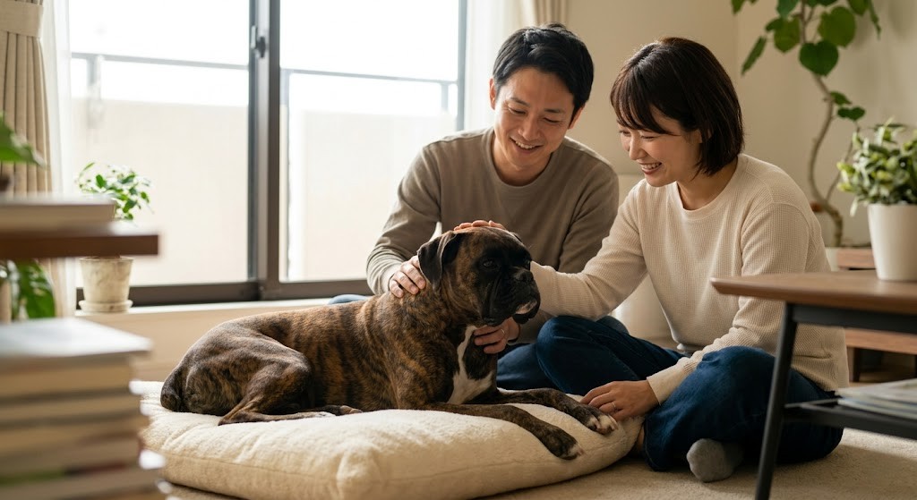 MRI装置に入る準備をする犬と獣医師スタッフ（実写風）