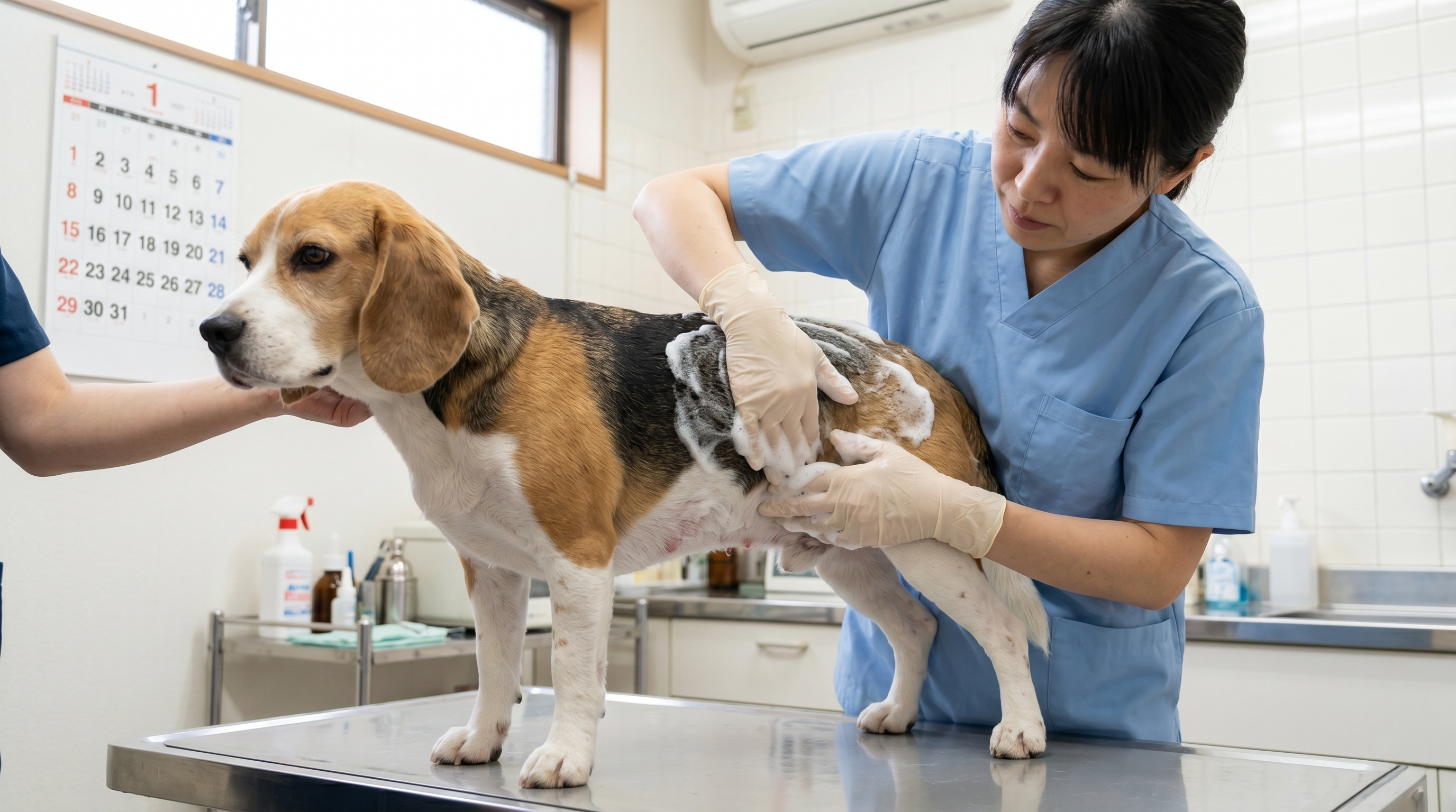 犬の皮膚に赤みと脱毛が広がっている患部のクローズアップ（実写風）