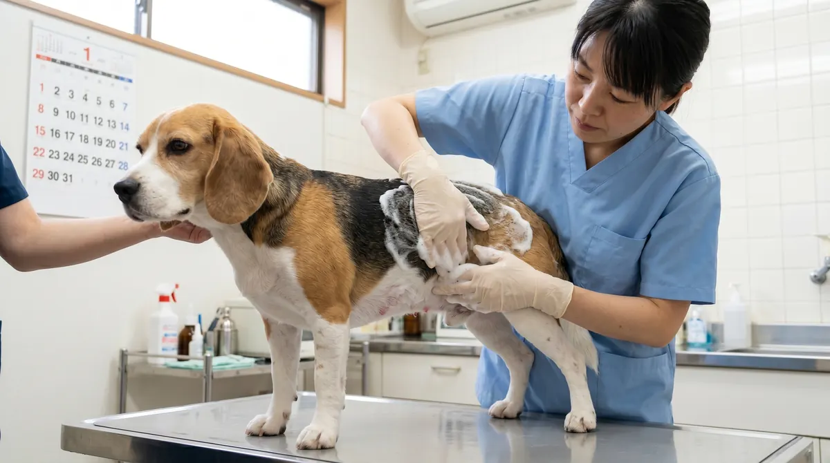 犬の皮膚に赤みと脱毛が広がっている患部のクローズアップ（実写風）