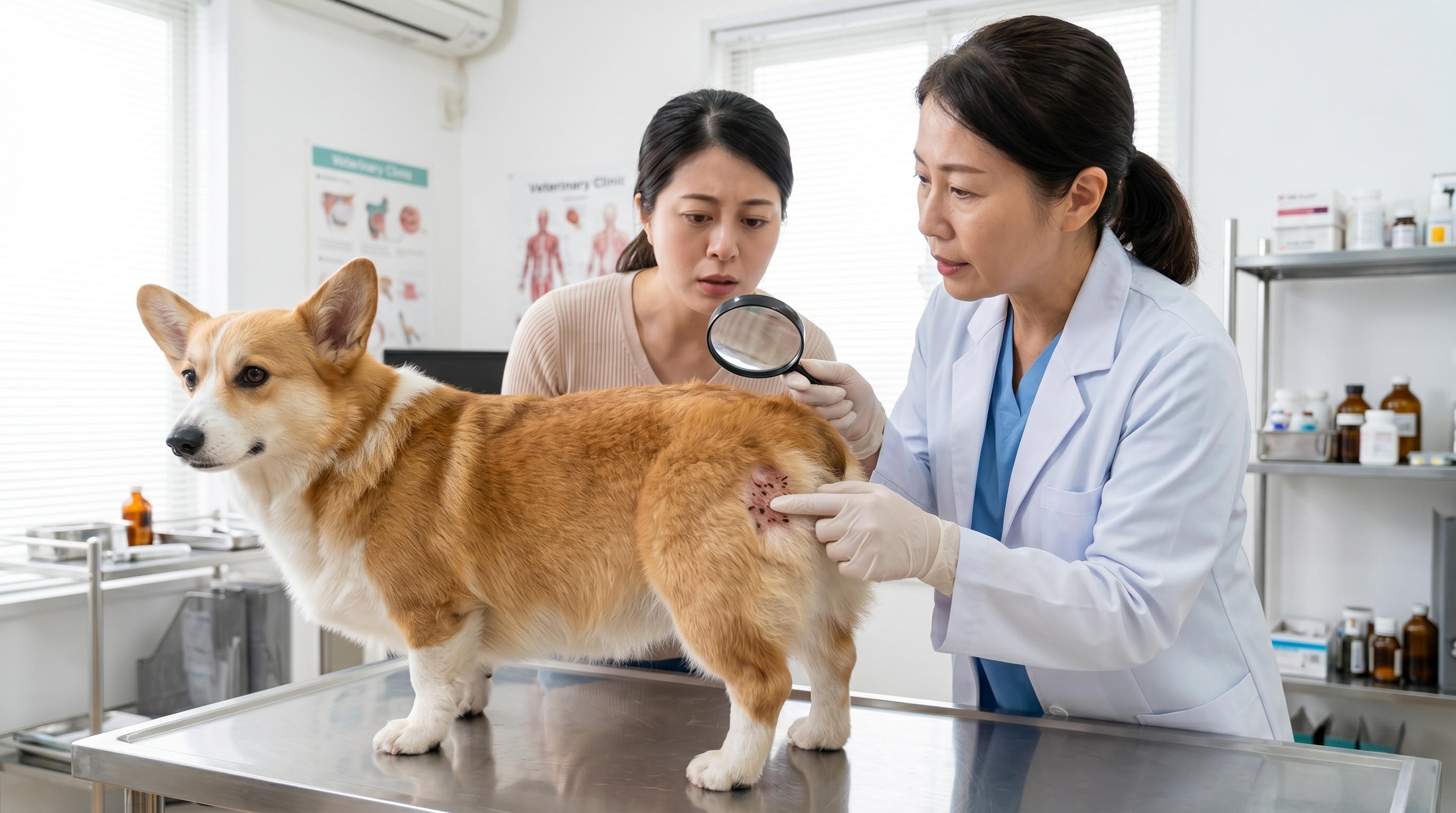 拡大撮影されたノミの成虫と犬の皮膚の様子（実写風）