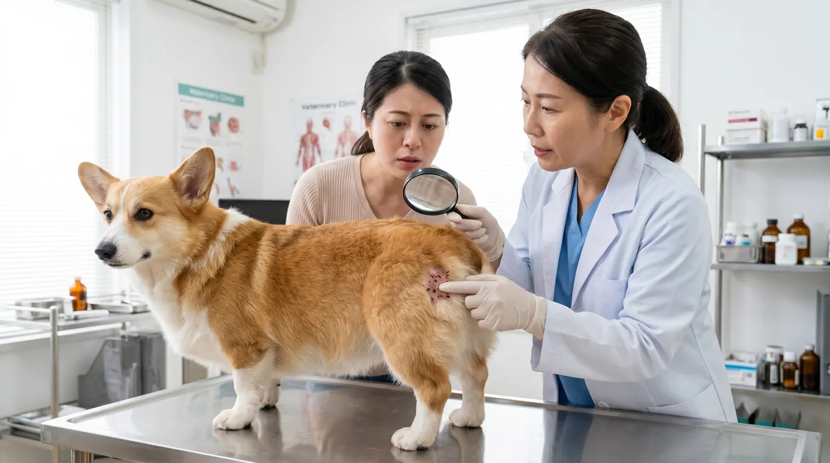 拡大撮影されたノミの成虫と犬の皮膚の様子（実写風）