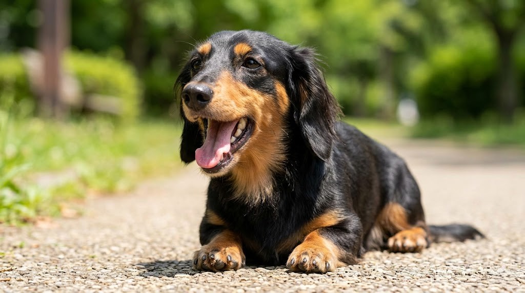 腹部膨満と四肢浮腫が見られる犬を動物病院で診察する獣医師（実写風）