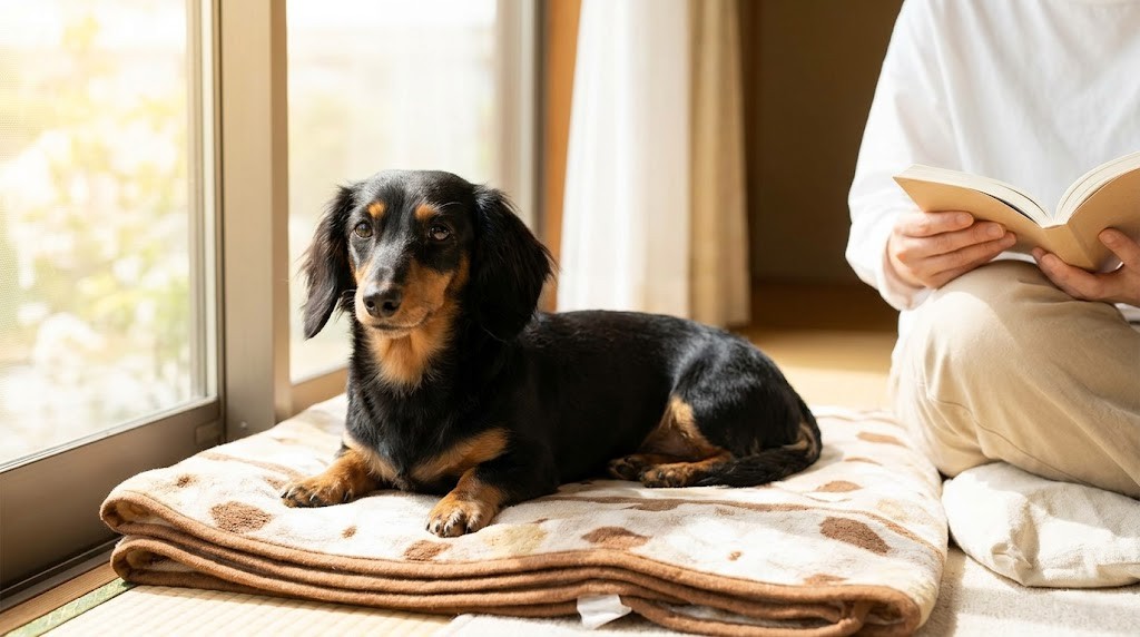 療法食を食べる犬と記録をつける飼い主の日常管理の様子（実写風）