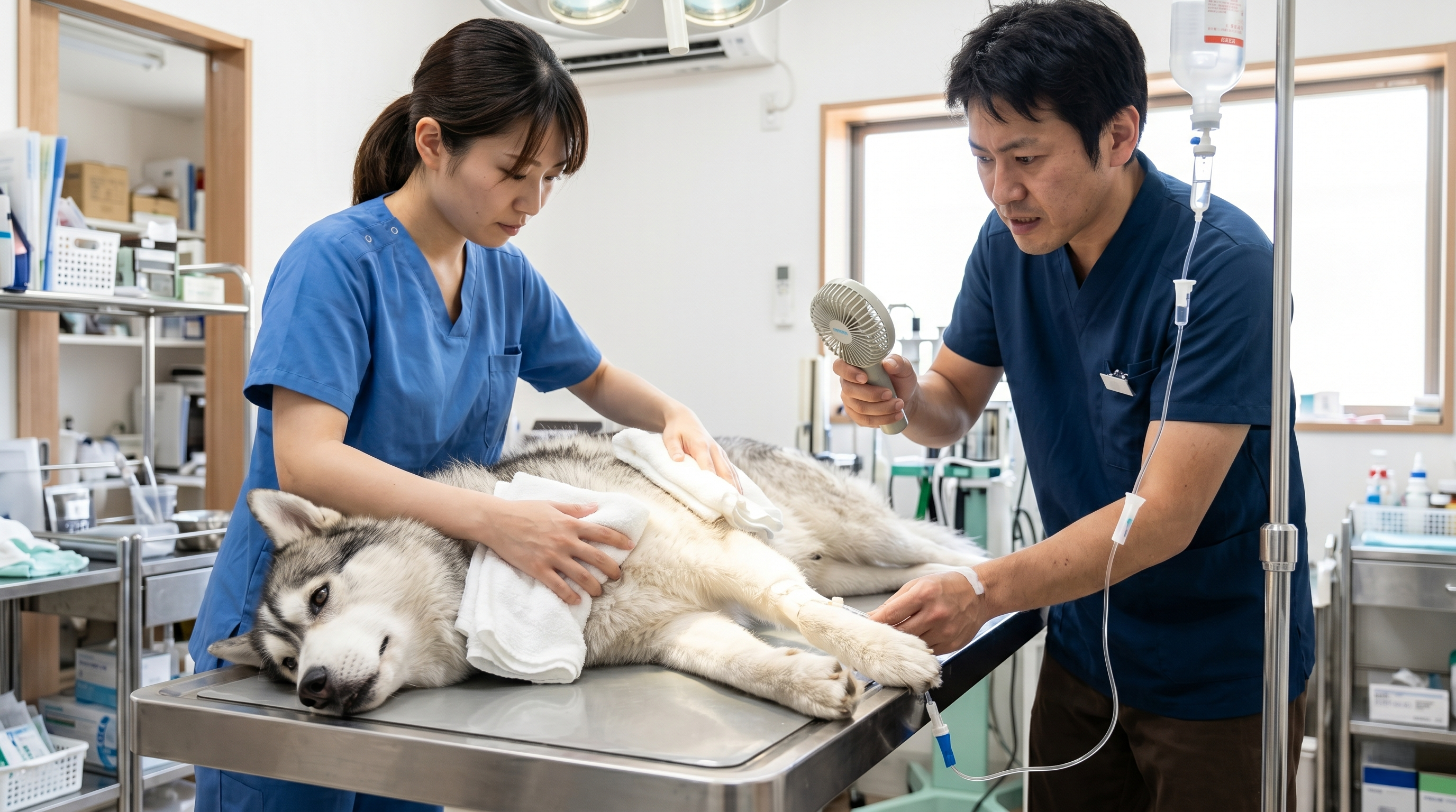炎天下の駐車場に停まった車の中で閉じ込められている犬（実写風）