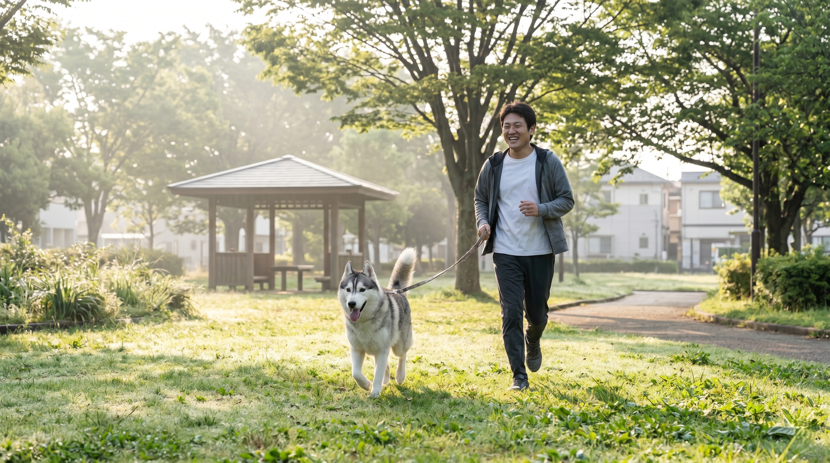 涼しい室内でエアコンの前で休む犬と傍らで様子を見る飼い主（実写風）