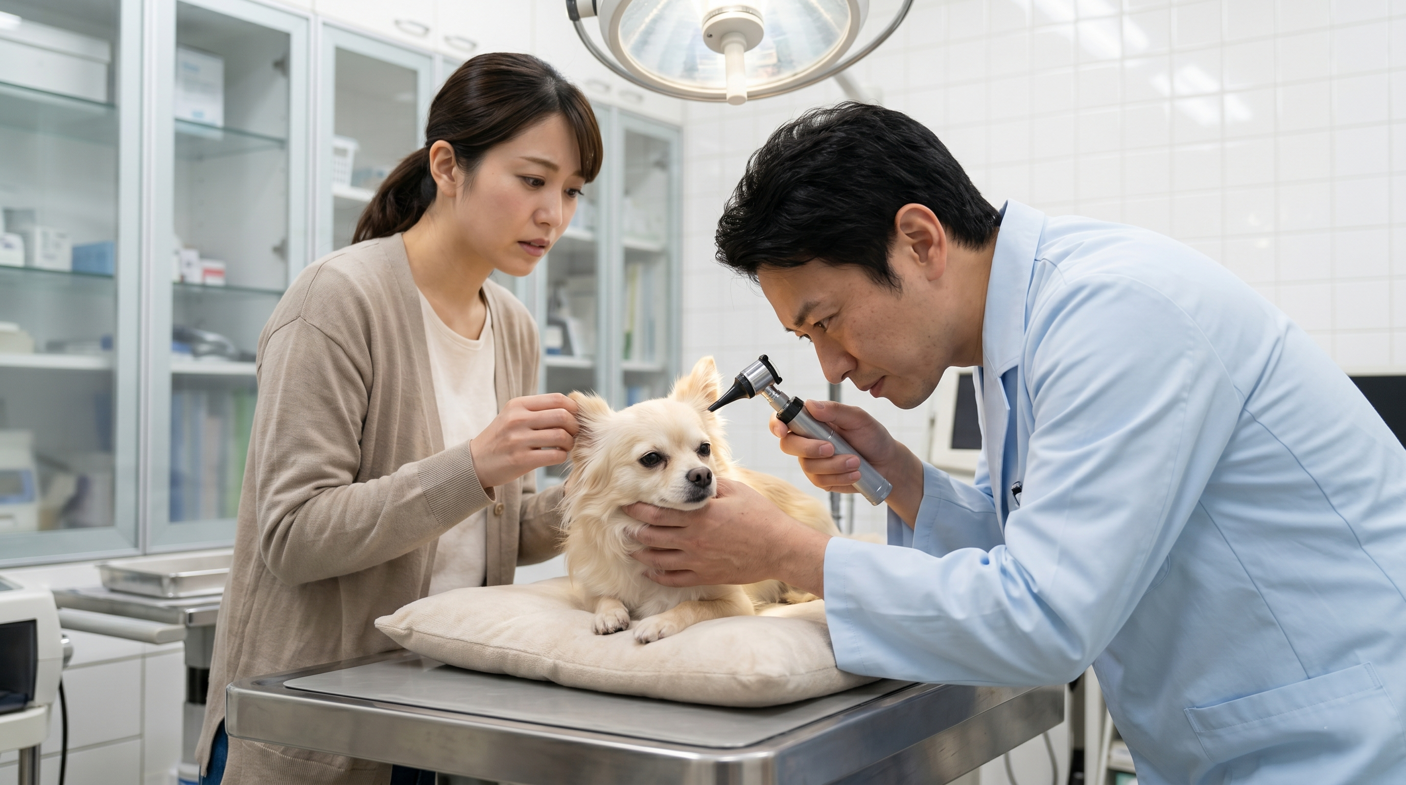 耳鏡で犬の耳道内を丁寧に検査する獣医師（実写風）