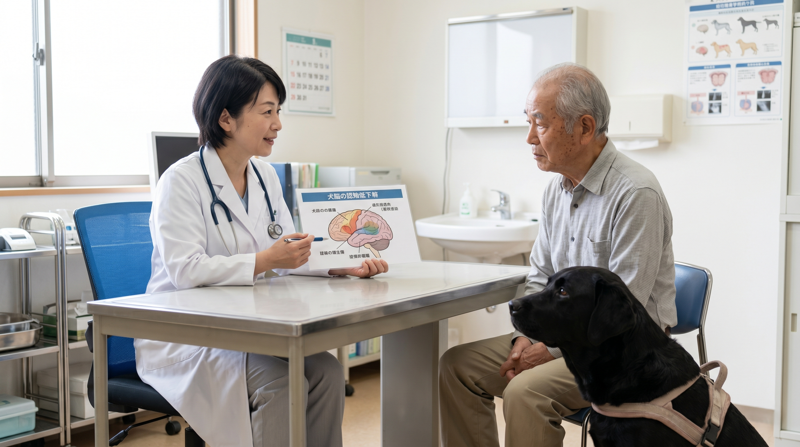 高齢犬の脳神経についての説明を聞く飼い主と獣医師（実写風）