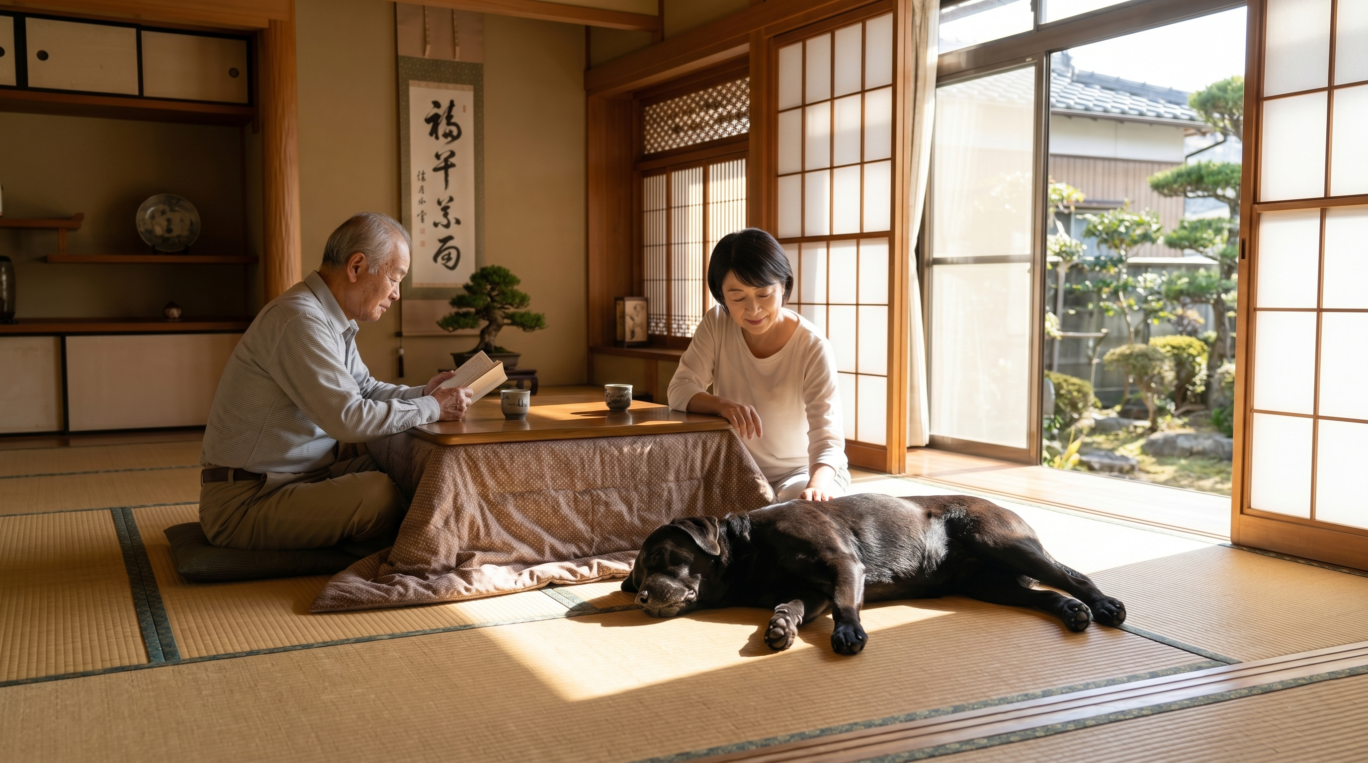 老犬と穏やかに過ごす飼い主の家庭での日常介護の場面（実写風）