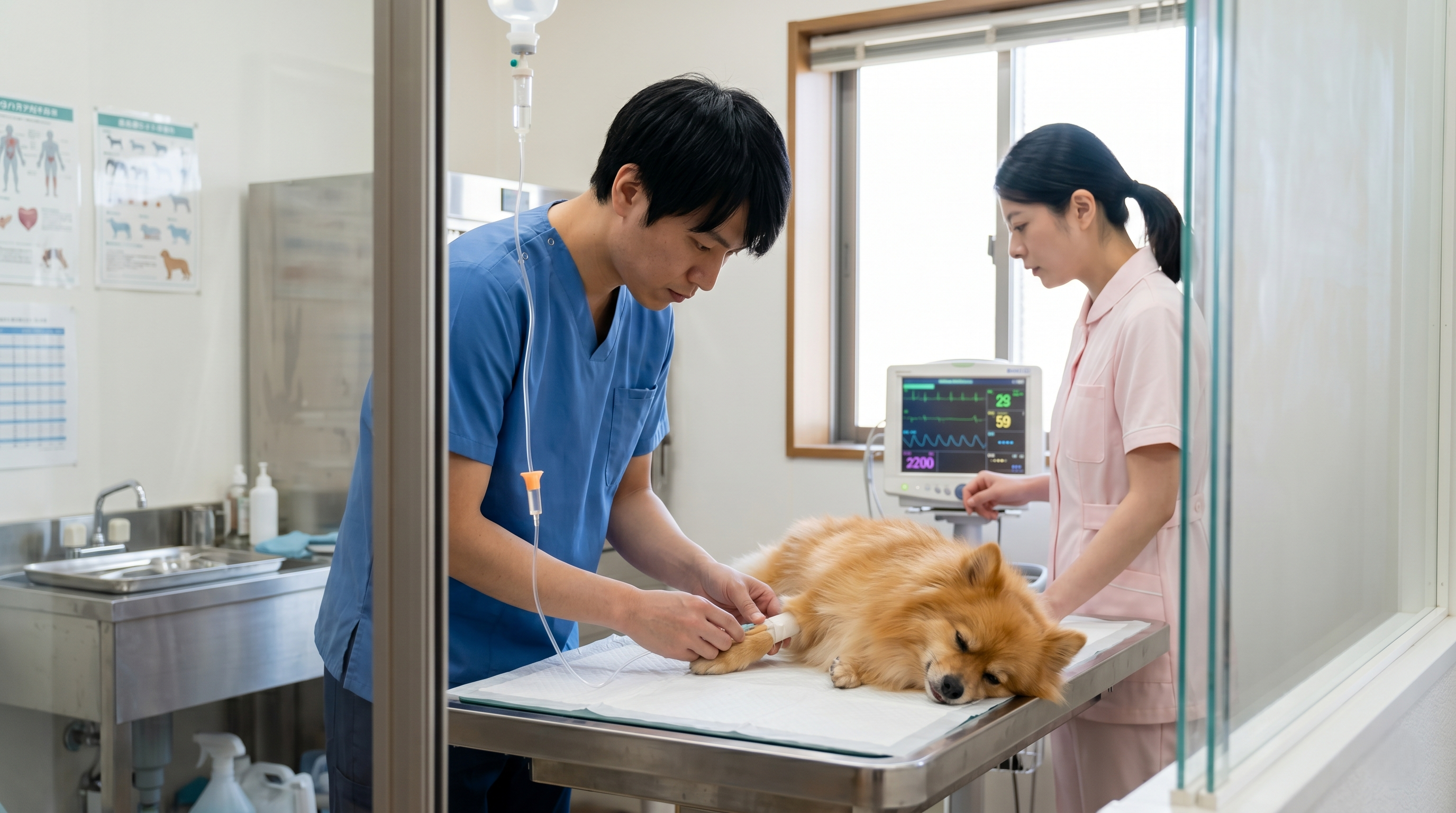 公園の地面のウイルス汚染リスクを説明する獣医師と飼い主（実写風）