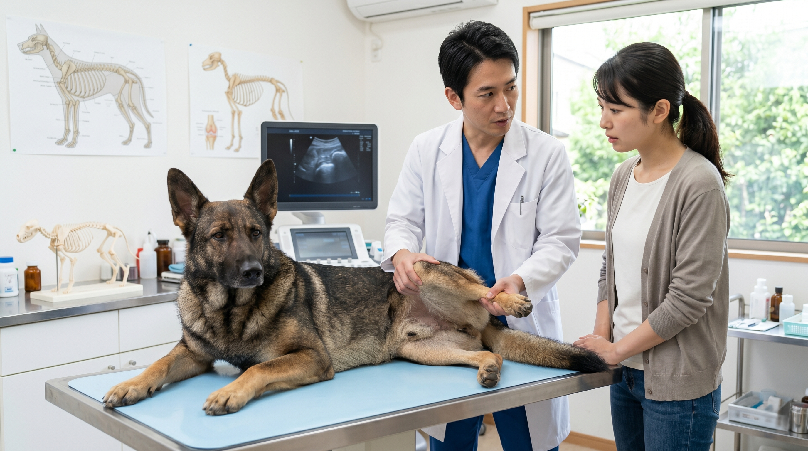 レントゲン画像を指差しながら説明する獣医師と飼い主のようす（実写風）
