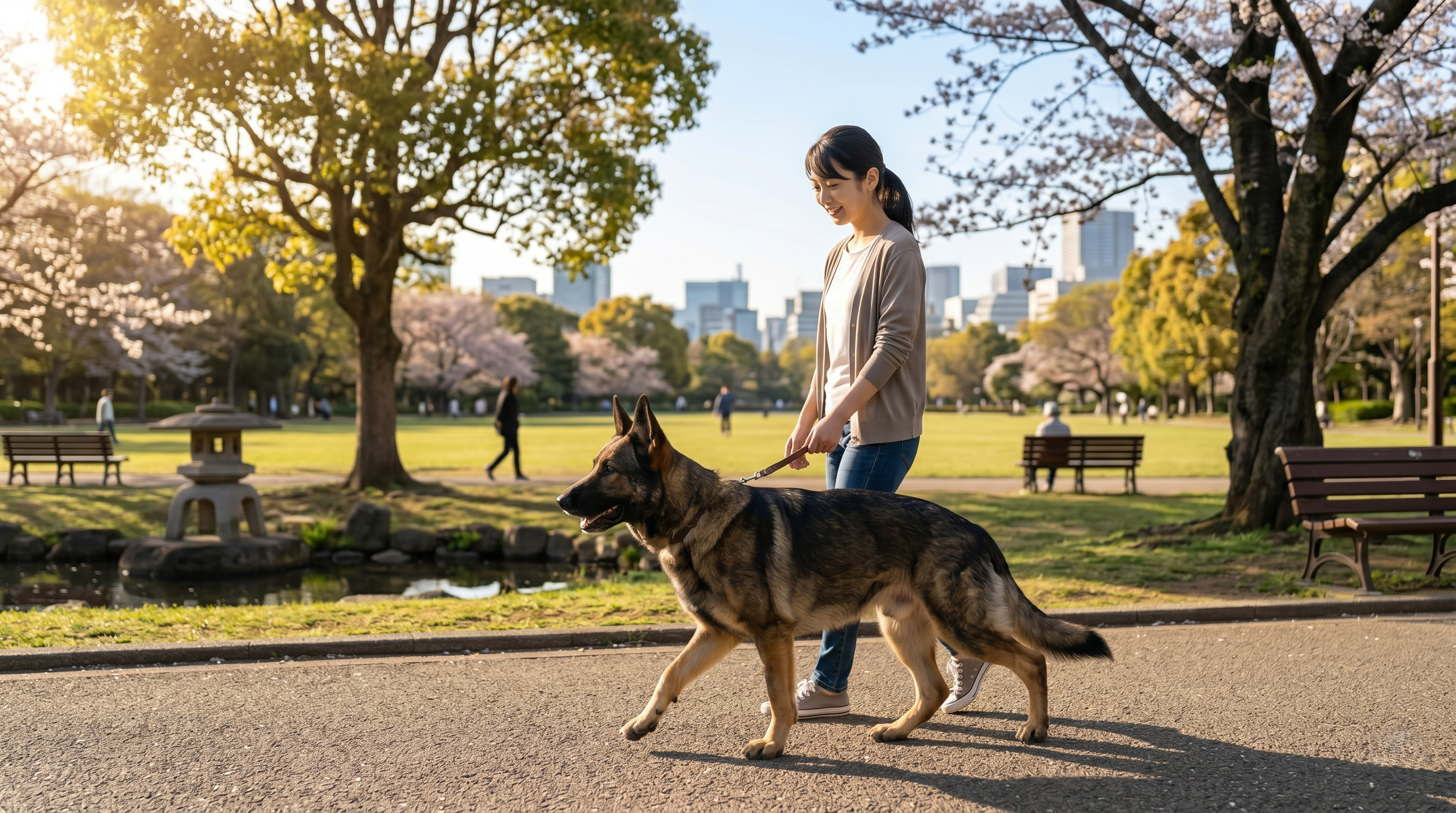 リハビリウォーキング中の中型犬と日本人女性飼い主の様子（実写風）