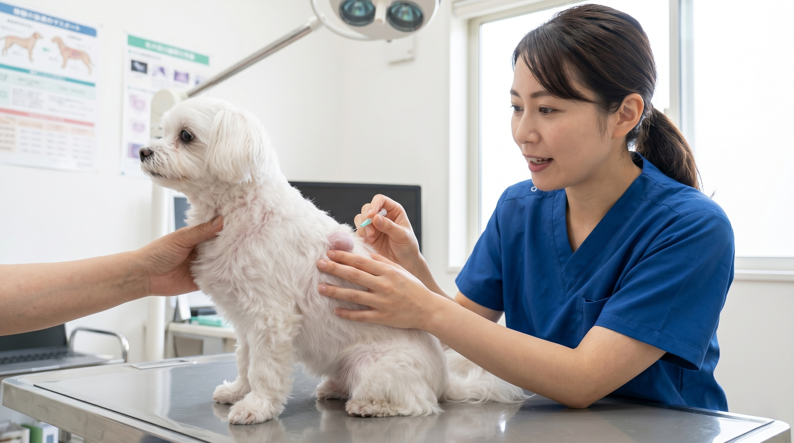 手術台の上の犬と術衣を着た獣医師チームのようす（実写風）