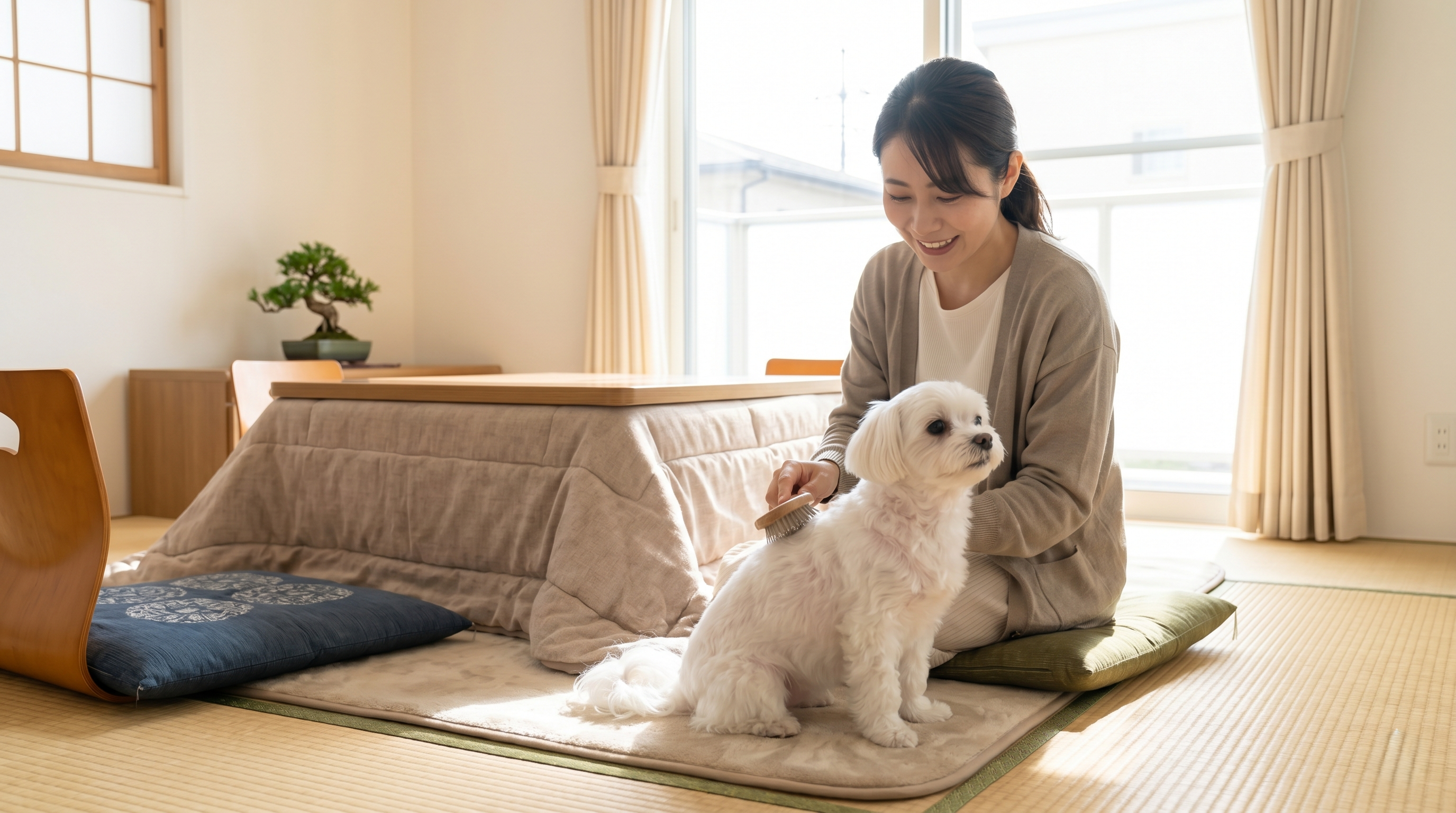 動物病院の診察台で犬の皮膚を確認する獣医師と安心した表情の飼い主（実写風）