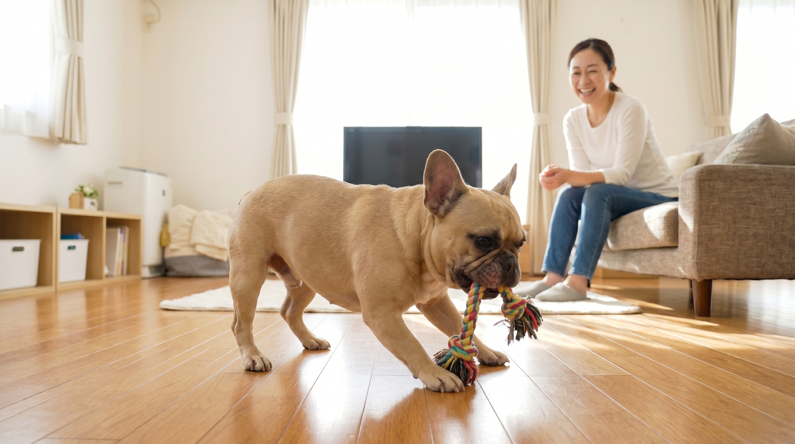 薬用シャンプーで犬を洗浄している日本人男性飼い主のようす（実写風）