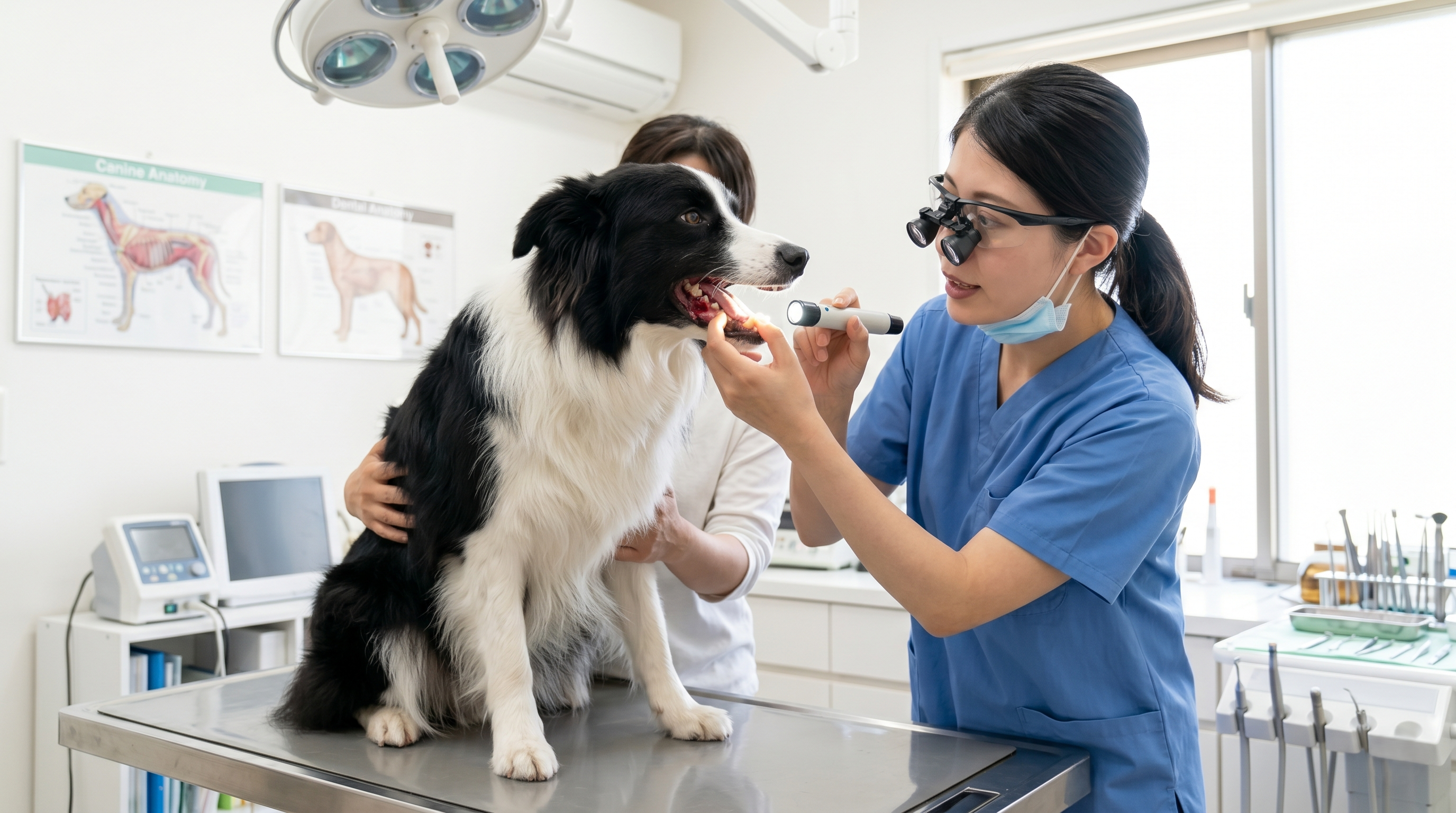 日当たりの強い屋外で犬のお腹を確認している飼い主（実写風）