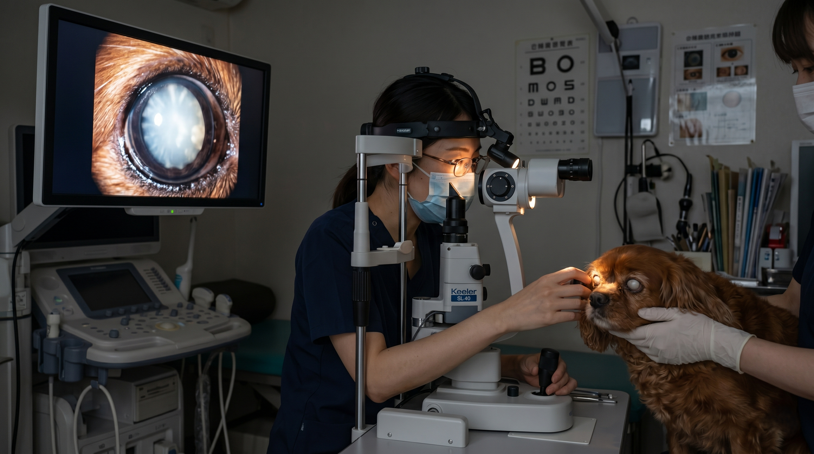 動物病院で眼科検査機器を使って犬の目を診察する獣医師（実写風）
