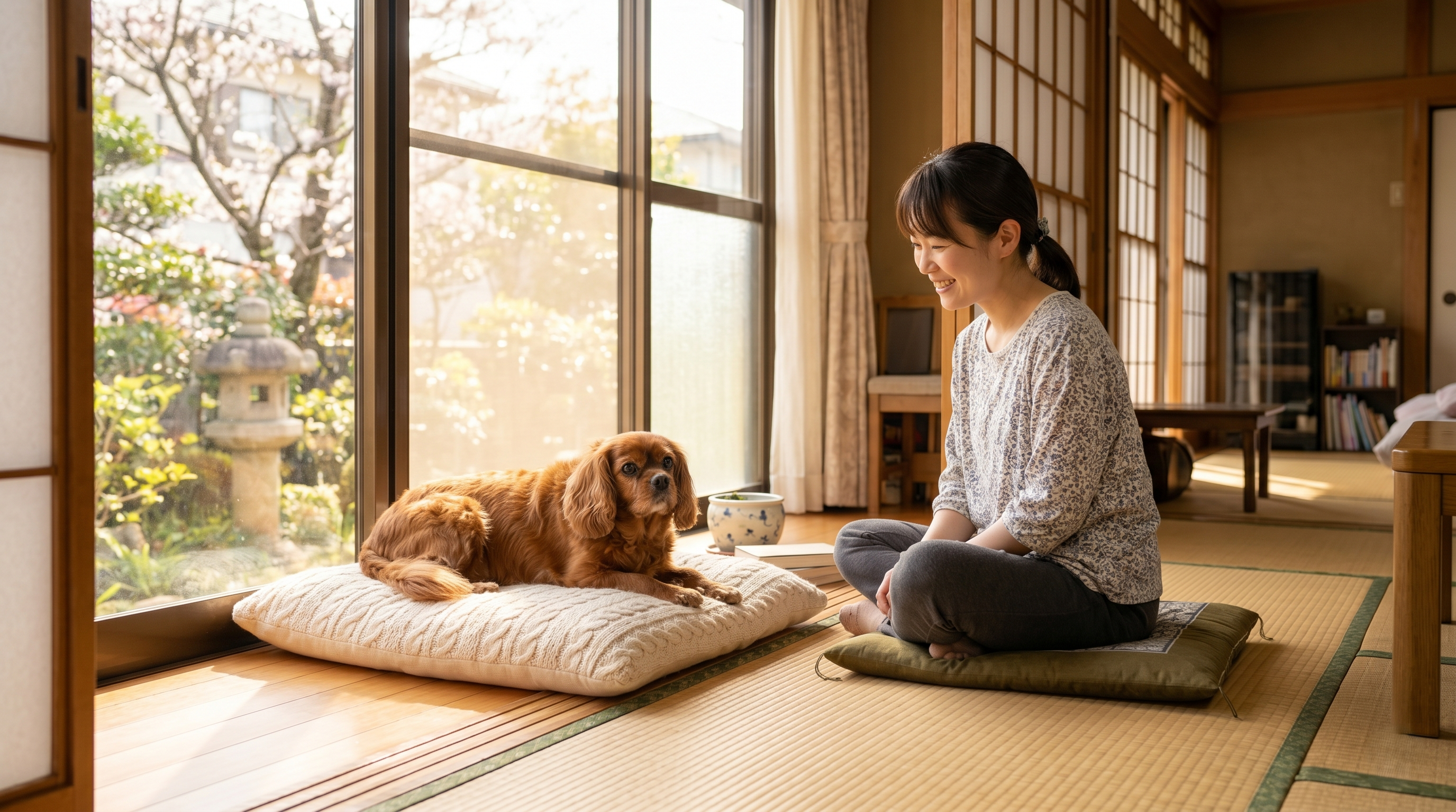 薄暗い室内でゆっくり歩く老犬と付き添う日本人女性飼い主のようす（実写風）