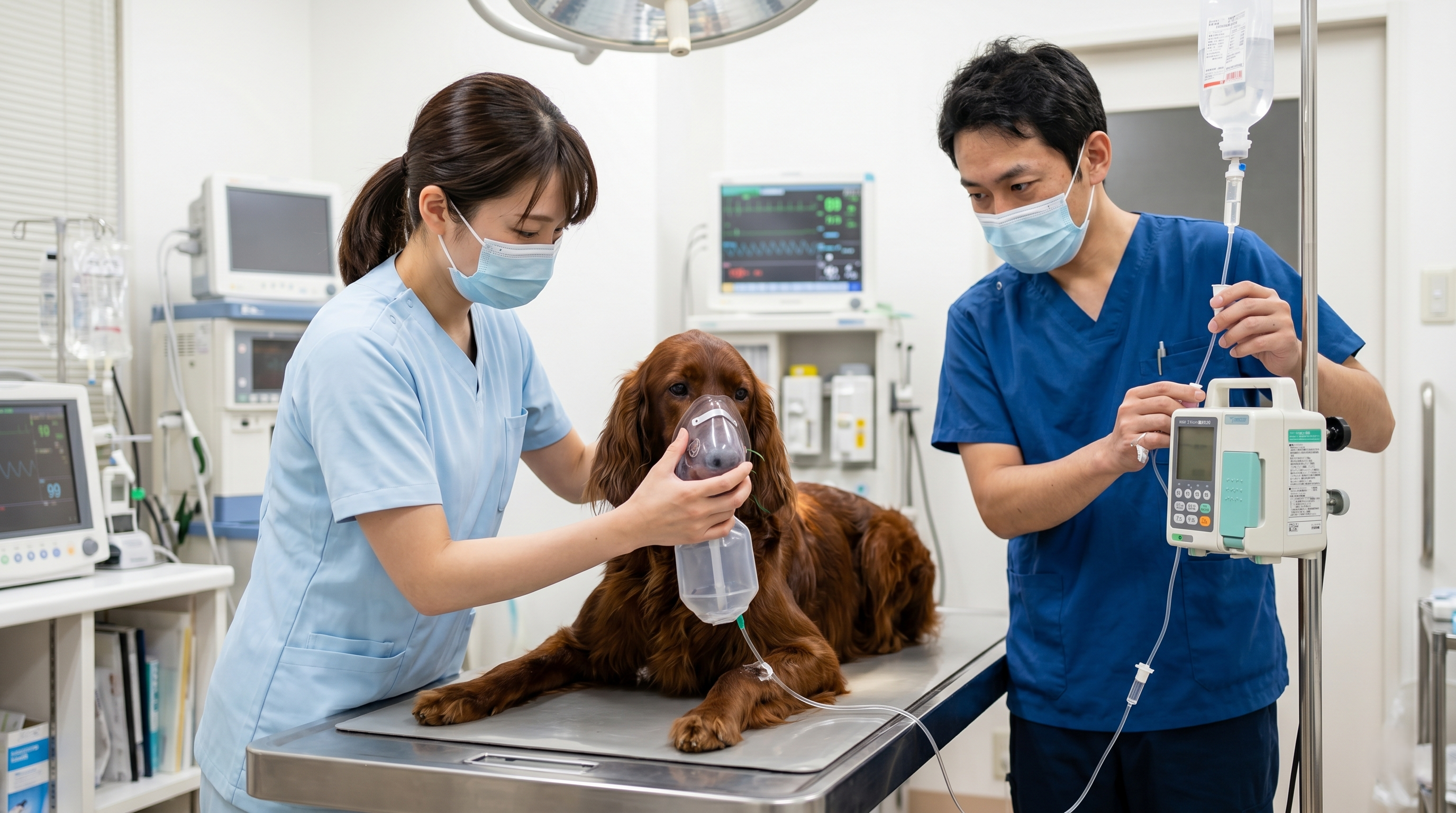 動物病院で犬の心臓をエコーで診察する獣医師（実写風）