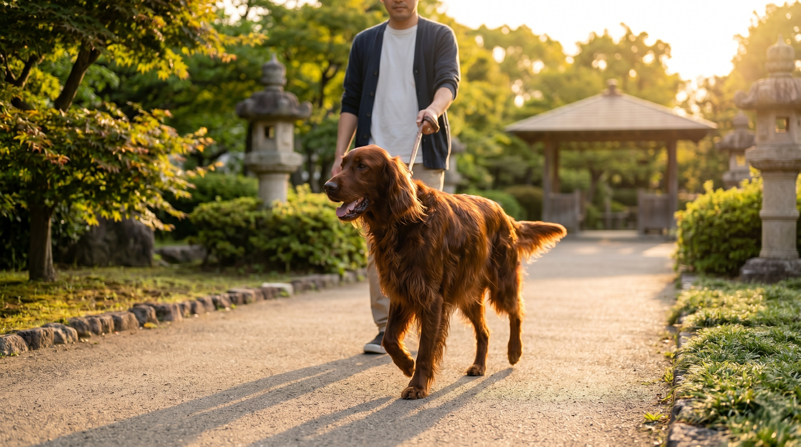 退院後に自宅で穏やかに横になる犬と安心した表情の飼い主（実写風）