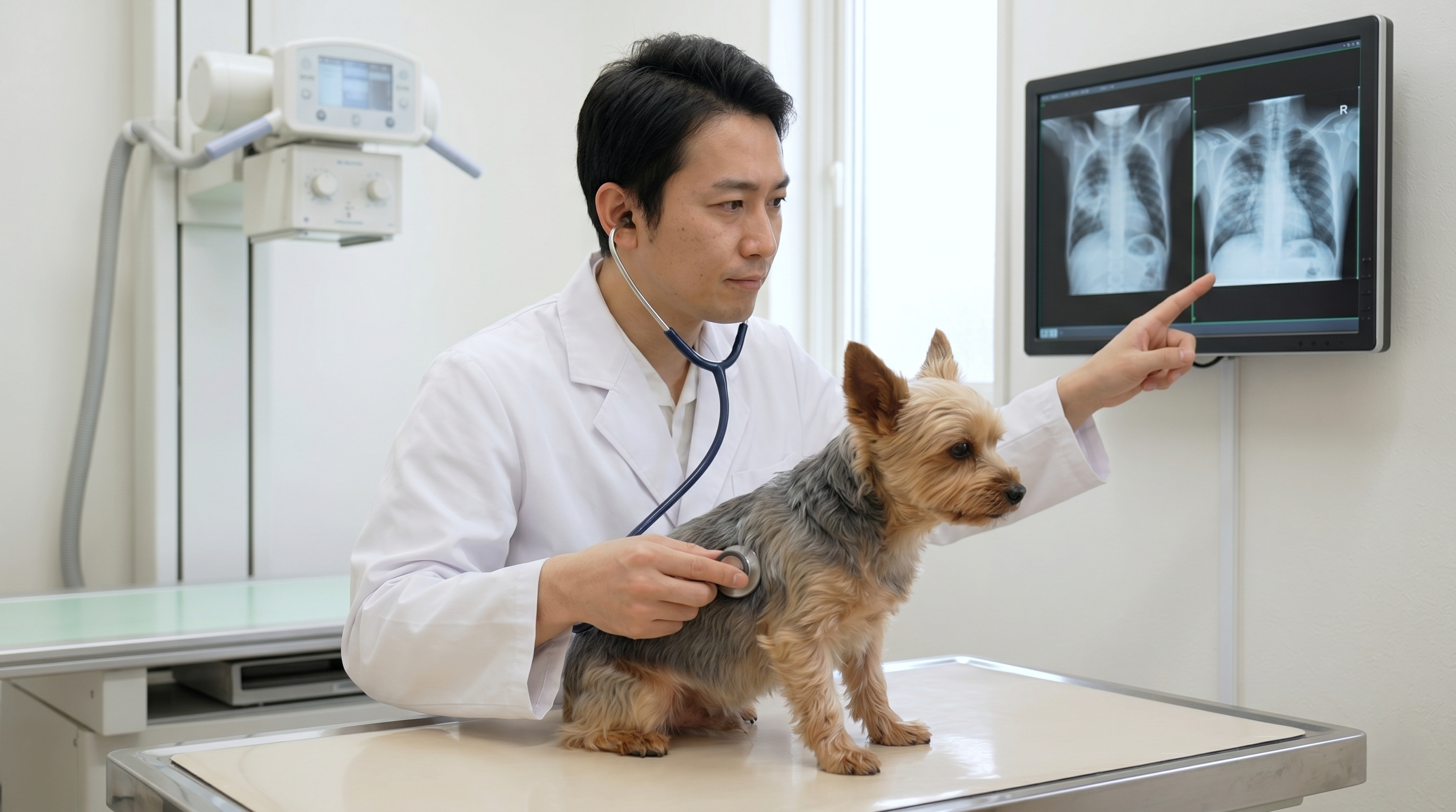 動物病院でX線画像を見ながら飼い主に説明する獣医師（実写風）