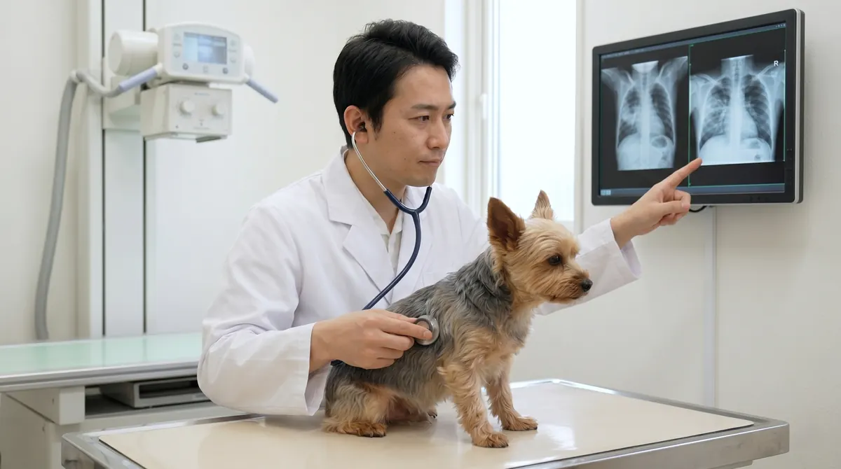 動物病院でX線画像を見ながら飼い主に説明する獣医師（実写風）
