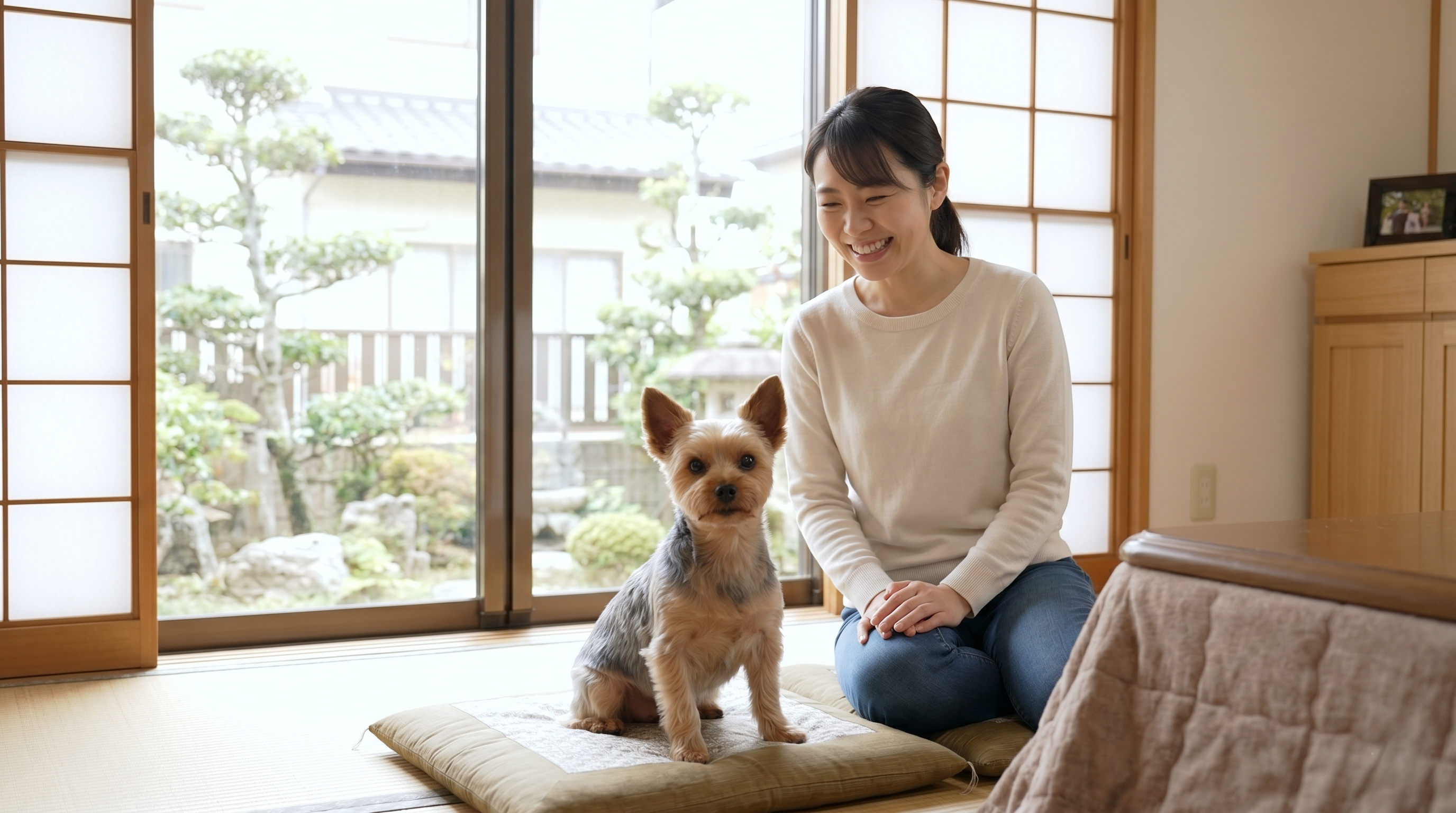 回復して庭でゆっくり歩く犬と安堵した表情の飼い主（実写風）