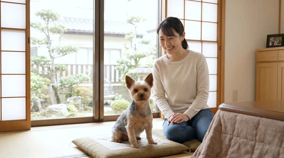 回復して庭でゆっくり歩く犬と安堵した表情の飼い主（実写風）