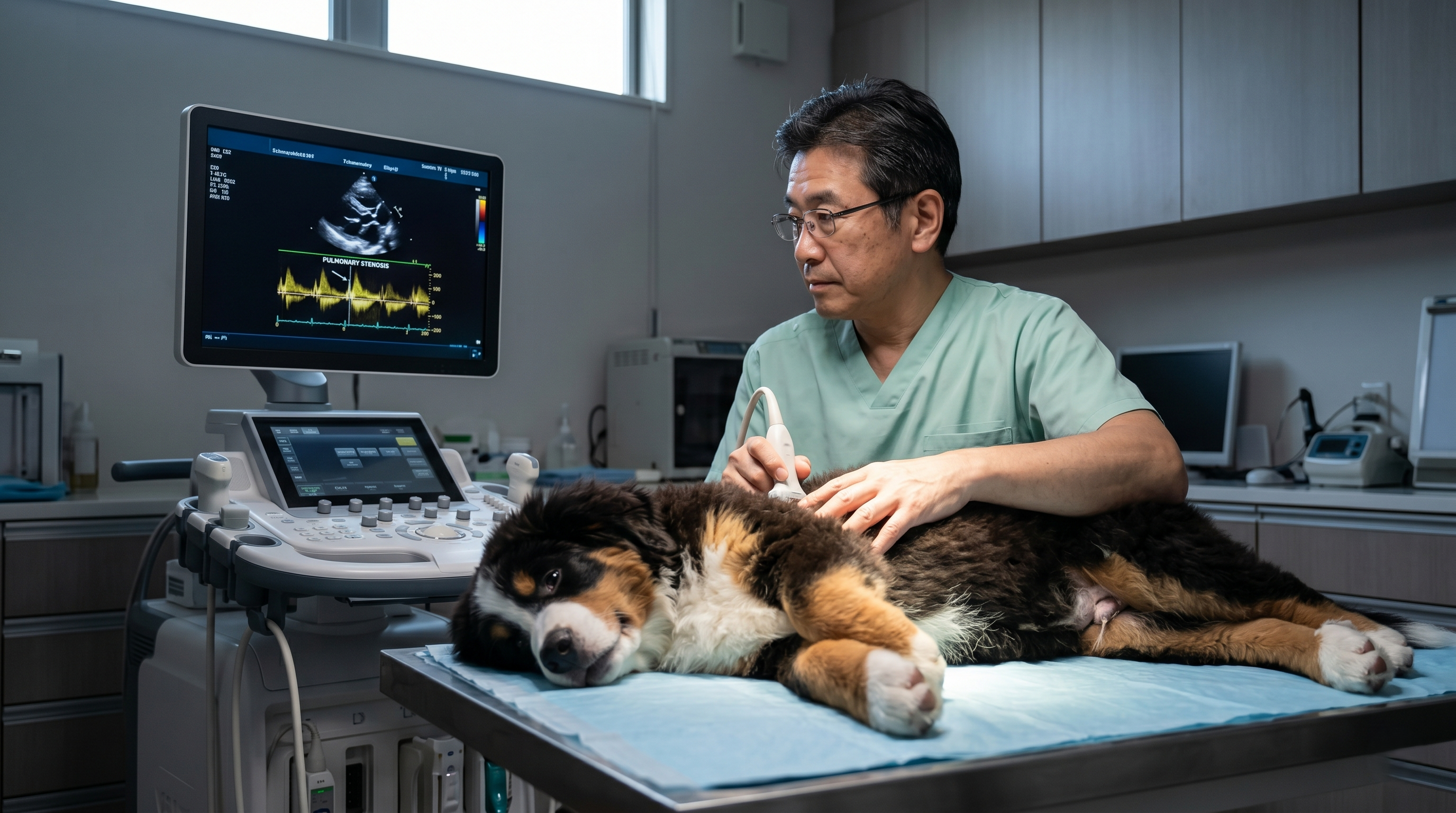 動物病院で心臓エコー検査を受ける犬（実写風）