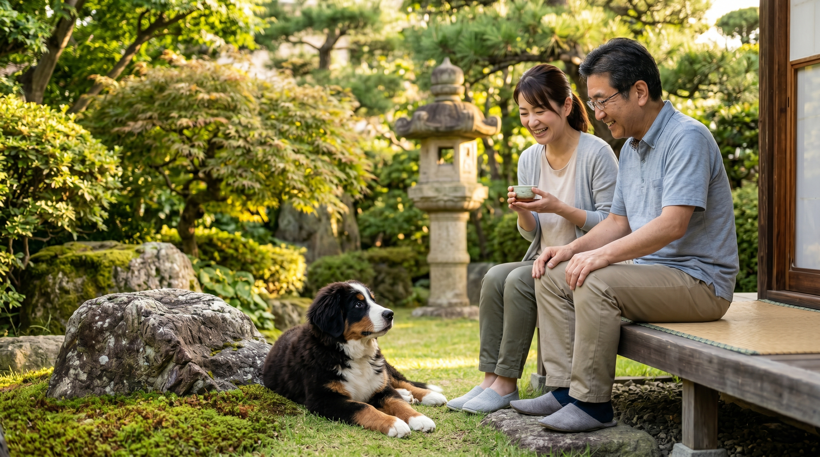 バルーン術後に元気に散歩する犬と笑顔の飼い主（実写風）