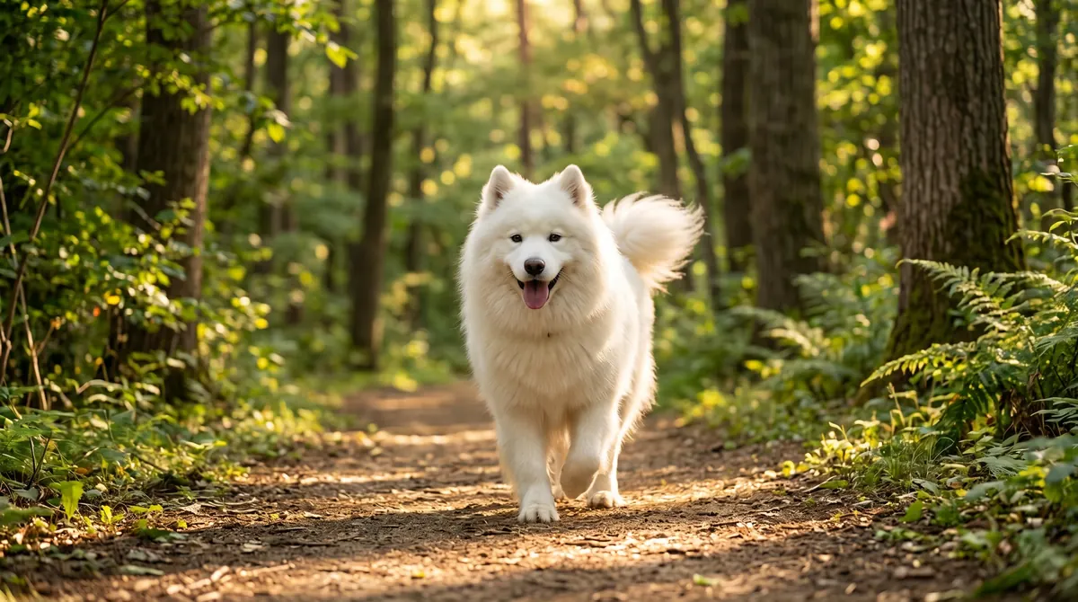 治療後に元気に庭を走り回る子犬と安心した表情の家族（実写風）