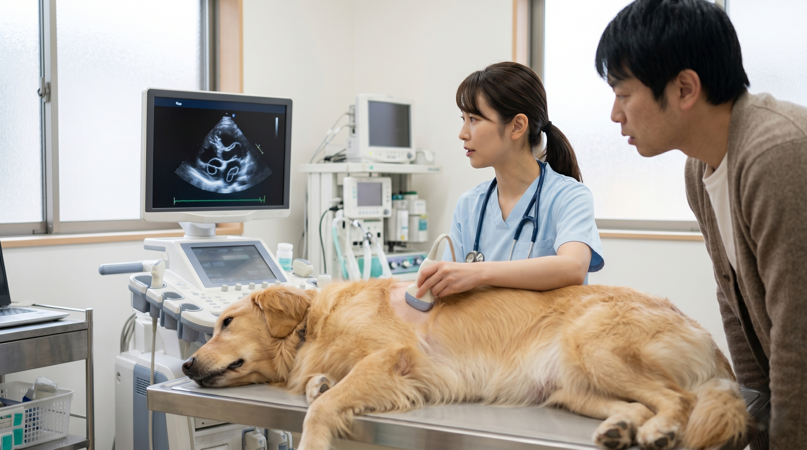 犬の心臓と肺動脈にフィラリア成虫が寄生している様子を示す模型を指差す獣医師（実写風）