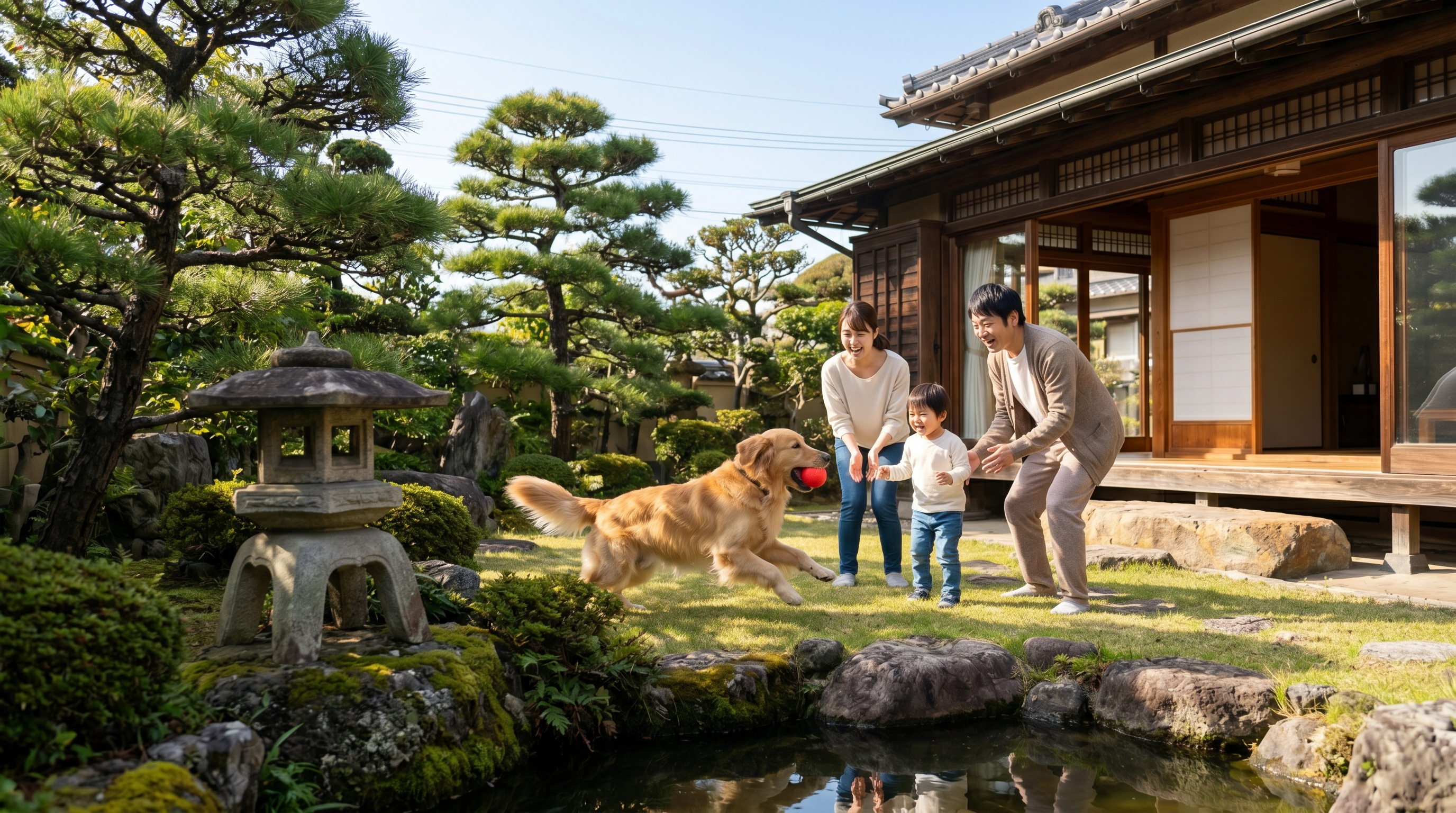 フィラリア予防薬を飲ませてもらいながら安心した表情の犬と日本人飼い主（実写風）