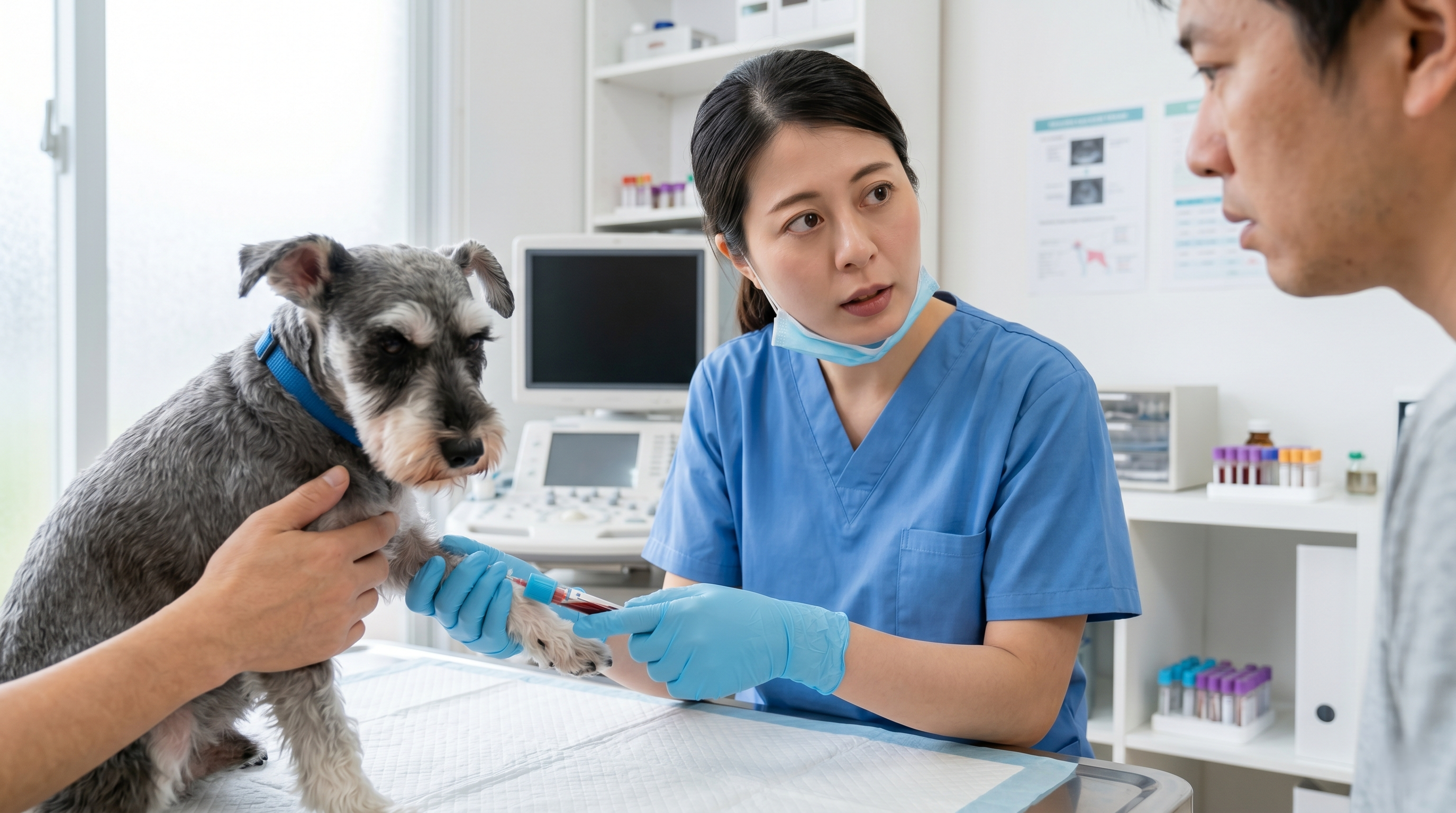 繁殖犬施設で複数の犬を管理するスタッフが消毒作業を行う様子（実写風）