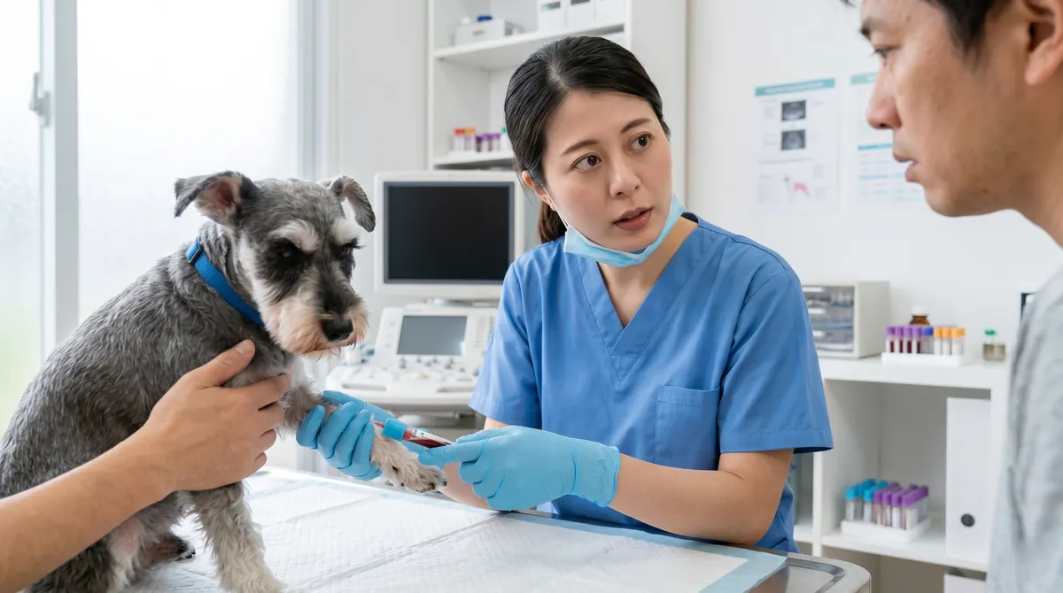 繁殖犬施設で複数の犬を管理するスタッフが消毒作業を行う様子（実写風）
