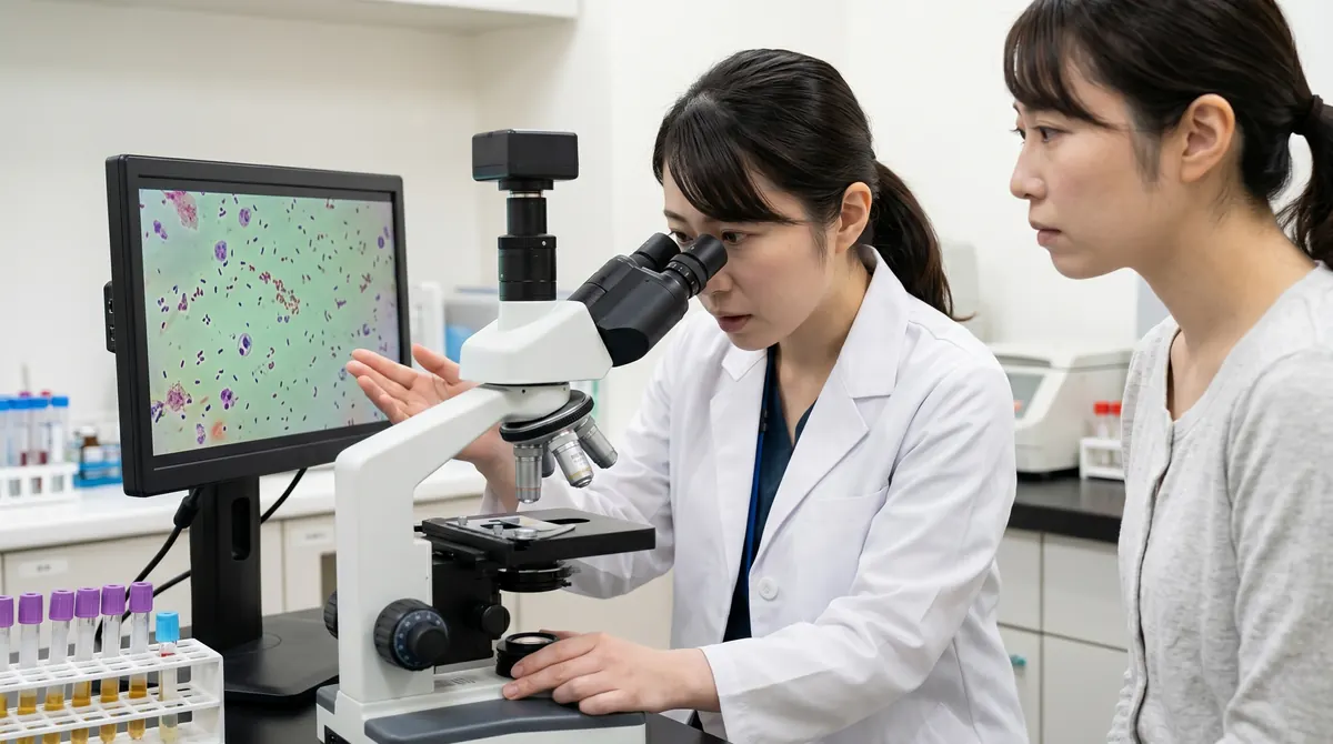 動物病院の検査台で尿検査の結果を確認する日本人獣医師（実写風）