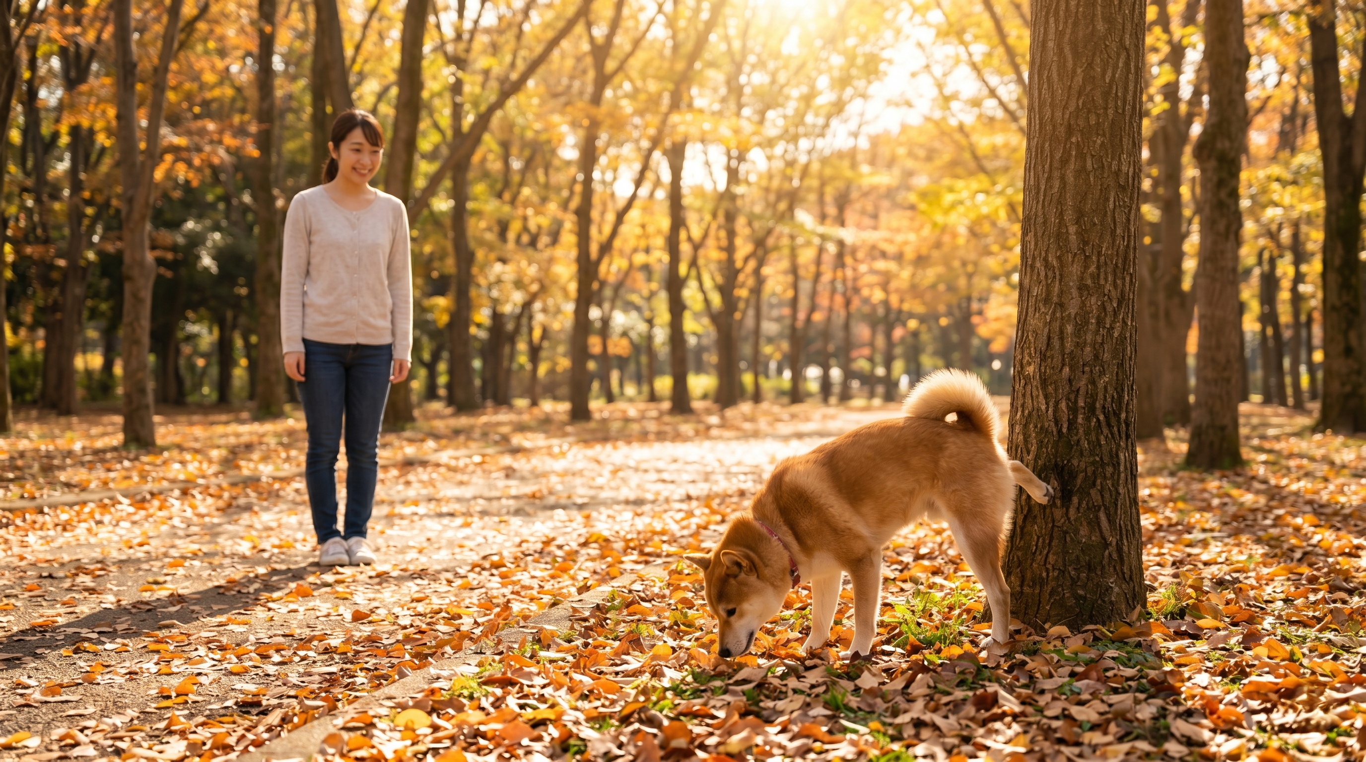 水飲み器から積極的に水を飲む犬を見守る日本人家族（実写風）