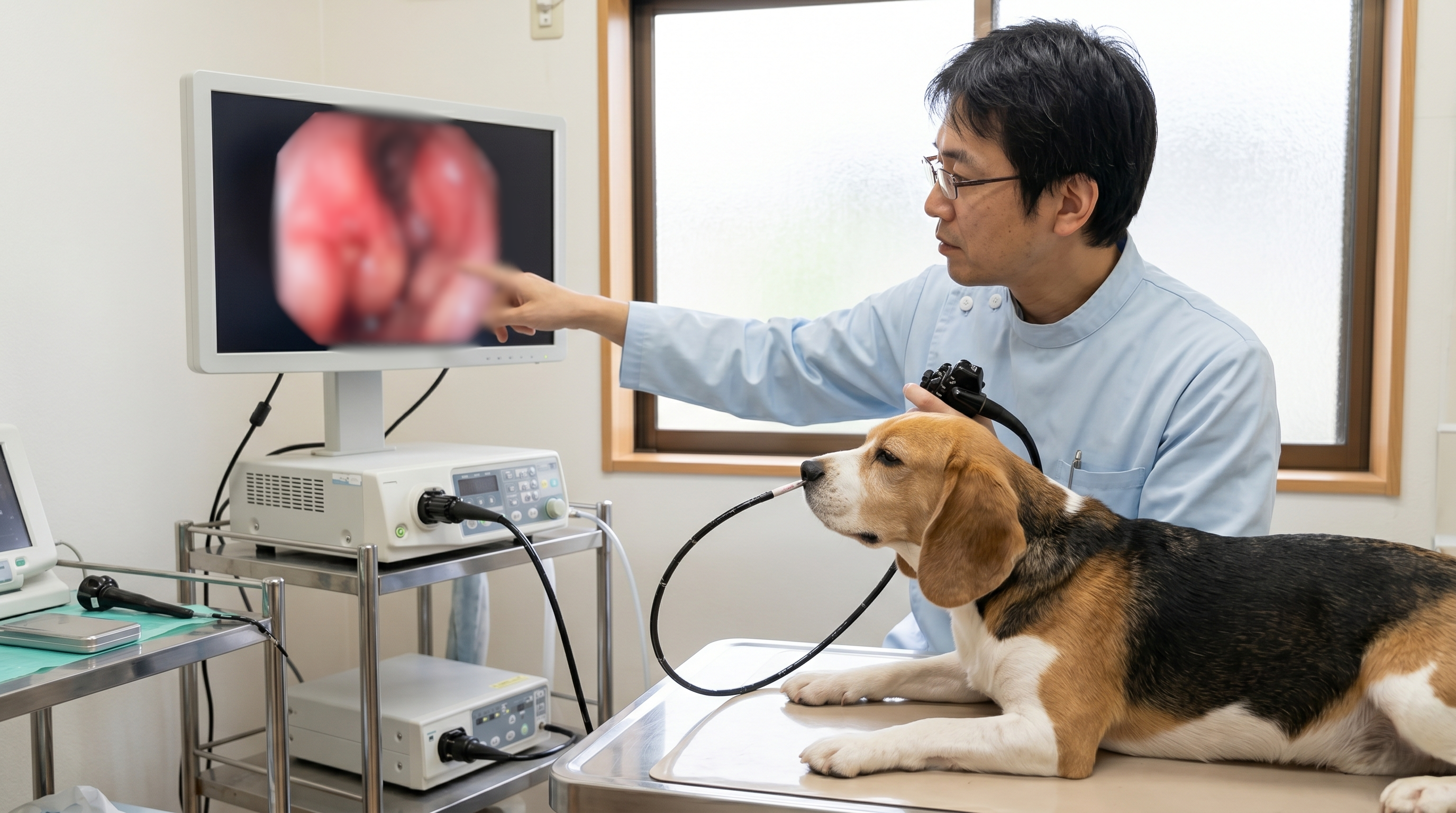 犬の頭部のCT画像を確認する獣医師と日本人飼い主（実写風）