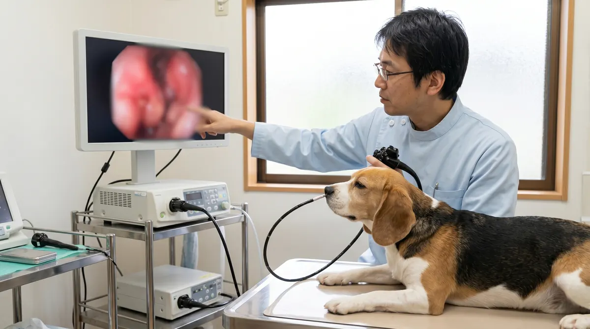 犬の頭部のCT画像を確認する獣医師と日本人飼い主（実写風）